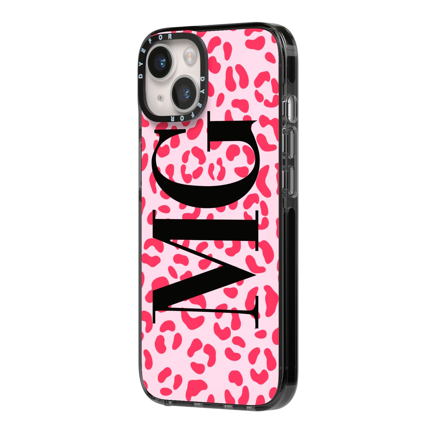 Personalised Leopard Print Initials iPhone 14 Black Impact Case Side Angle on Silver phone