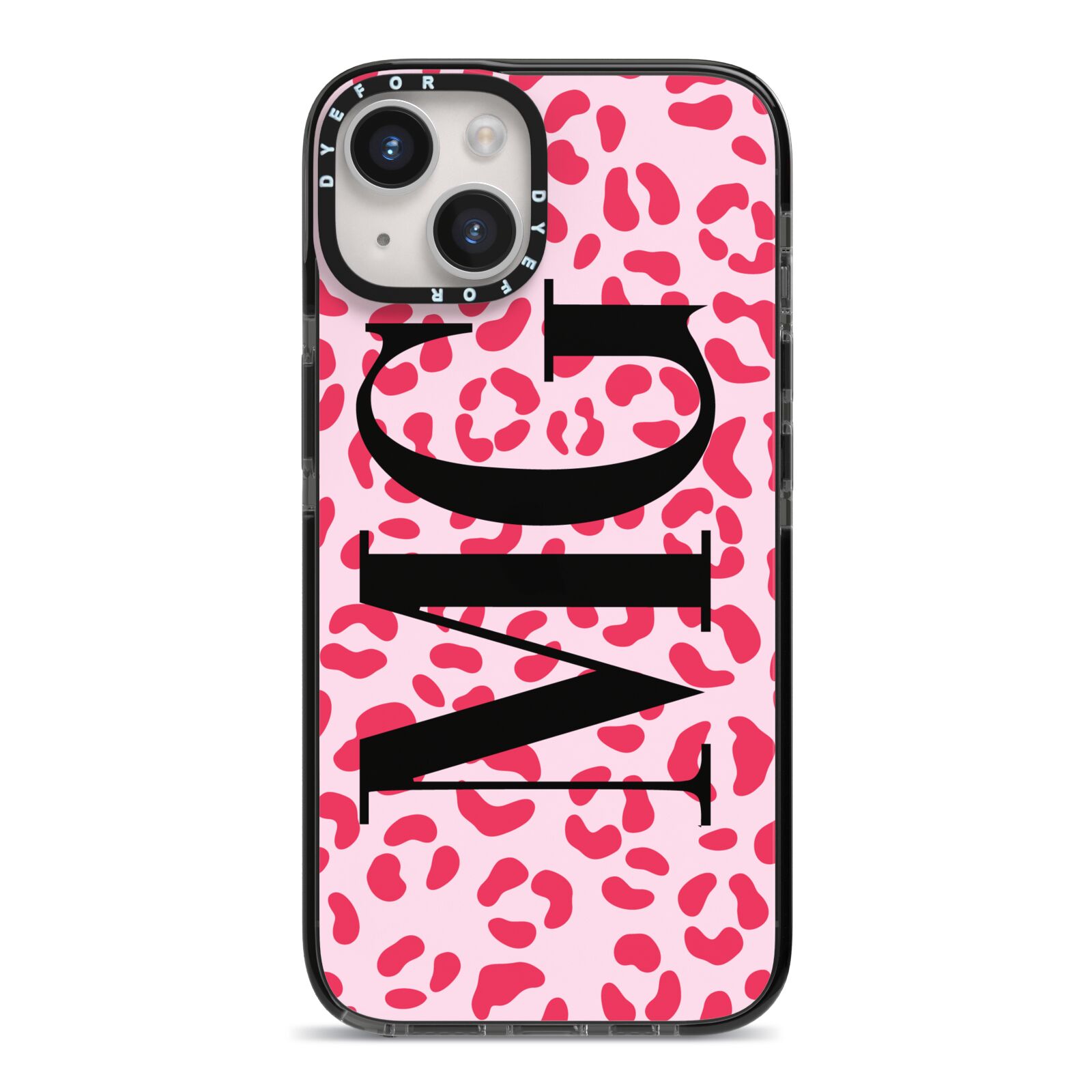 Personalised Leopard Print Initials iPhone 14 Black Impact Case on Silver phone
