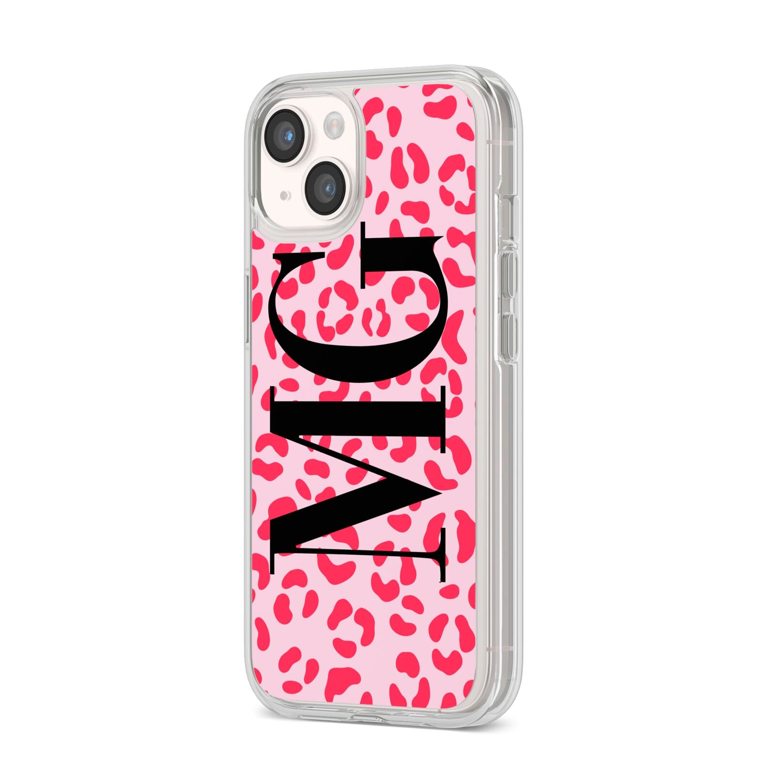 Personalised Leopard Print Initials iPhone 14 Clear Tough Case Starlight Angled Image