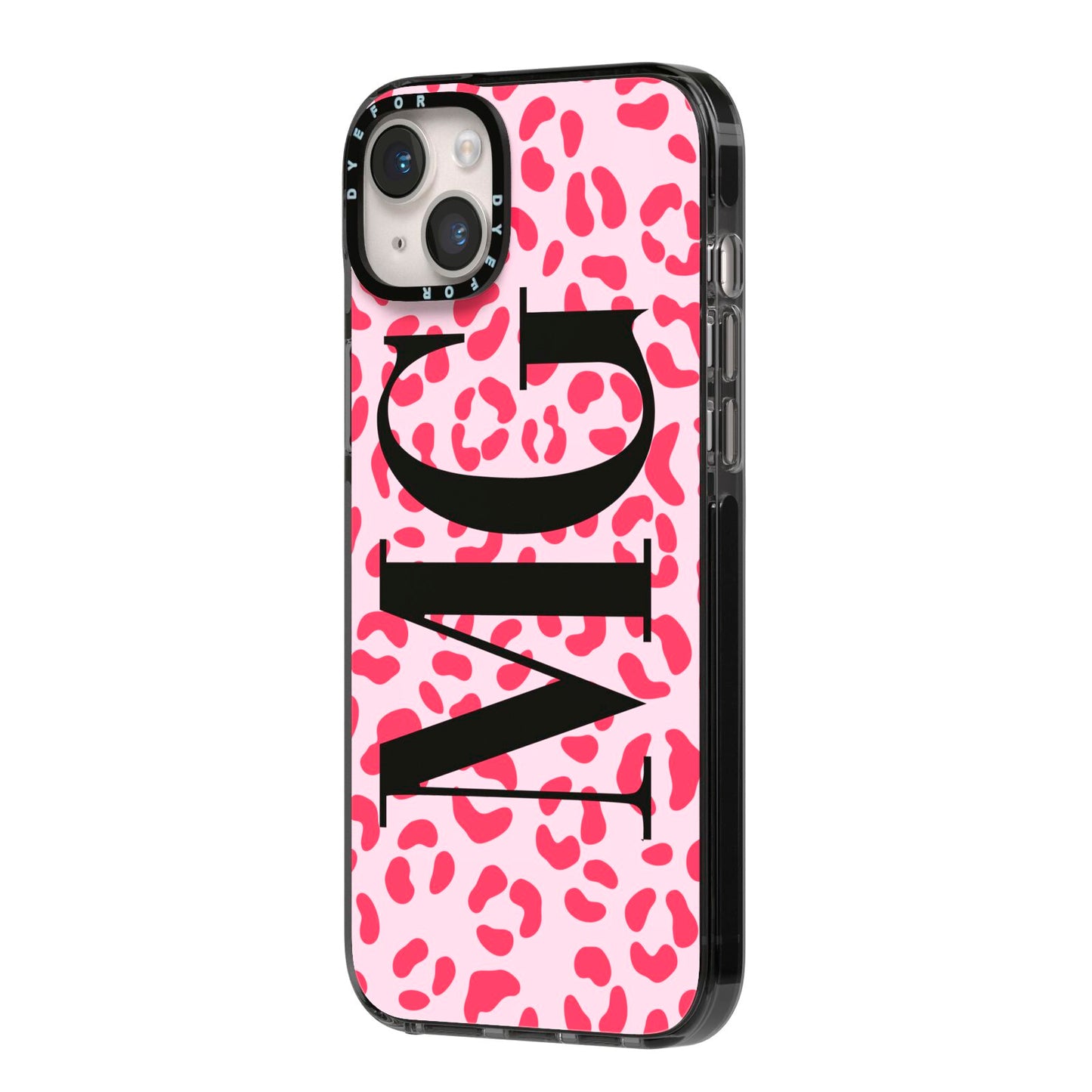 Personalised Leopard Print Initials iPhone 14 Plus Black Impact Case Side Angle on Silver phone
