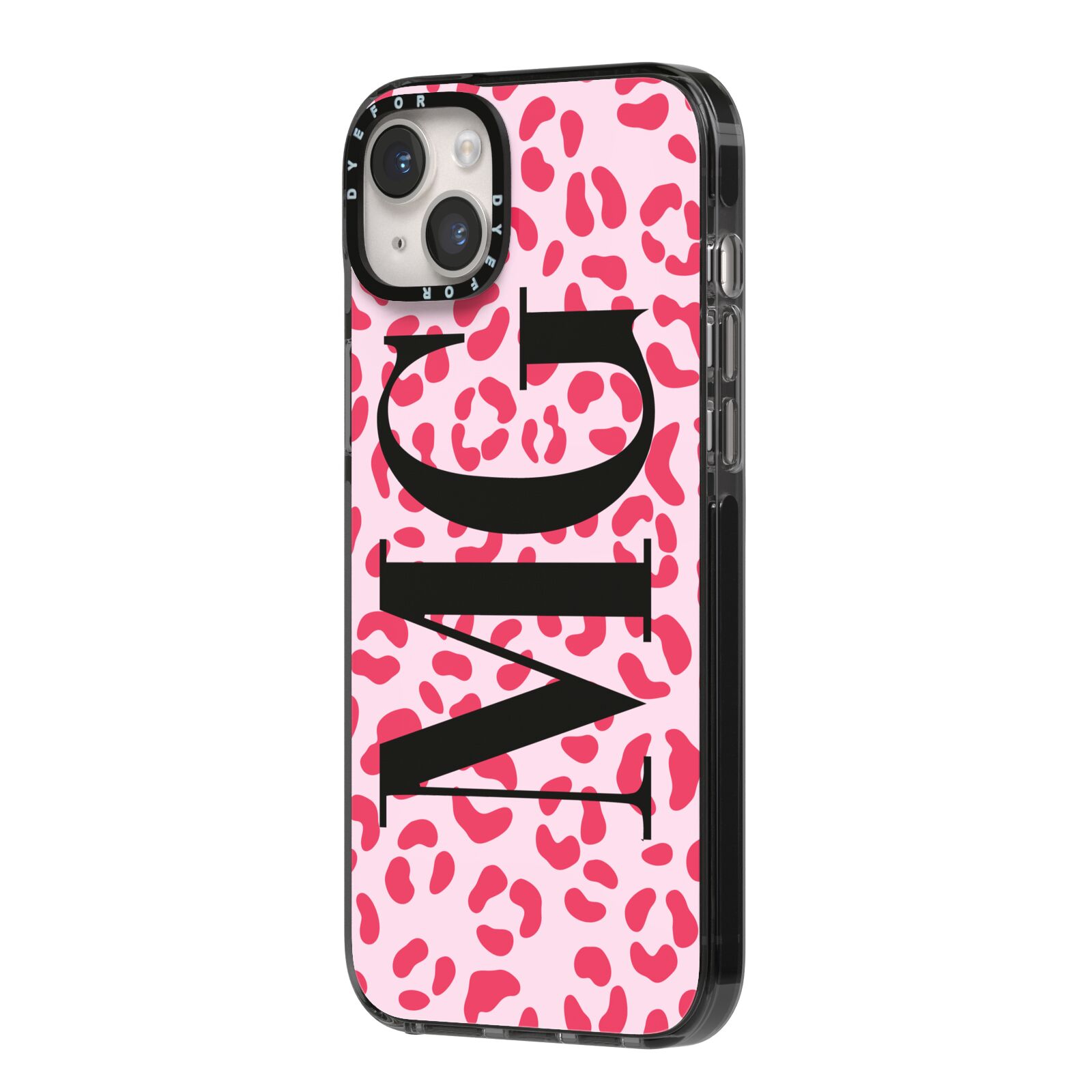 Personalised Leopard Print Initials iPhone 14 Plus Black Impact Case Side Angle on Silver phone