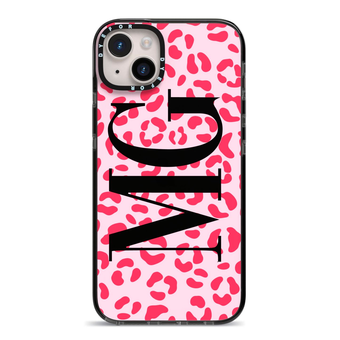 Personalised Leopard Print Initials iPhone 14 Plus Black Impact Case on Silver phone