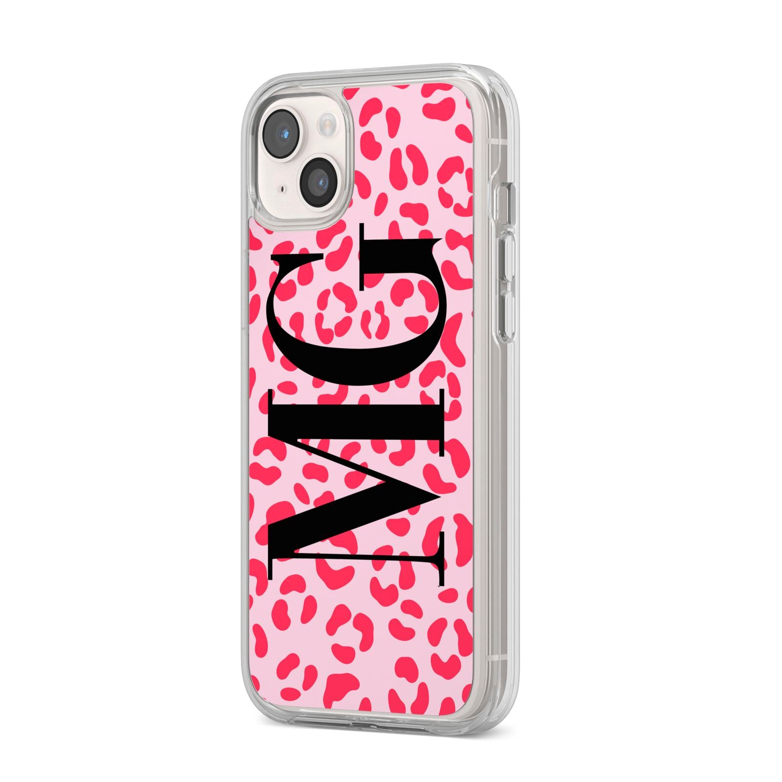 Personalised Leopard Print Initials iPhone 14 Plus Clear Tough Case Starlight Angled Image