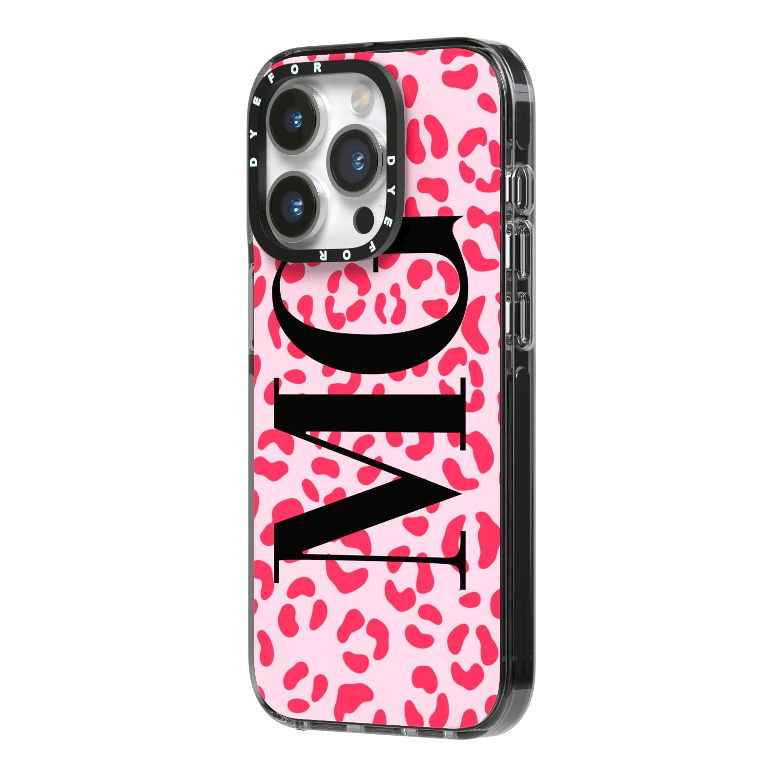 Personalised Leopard Print Initials iPhone 14 Pro Black Impact Case Side Angle on Silver phone