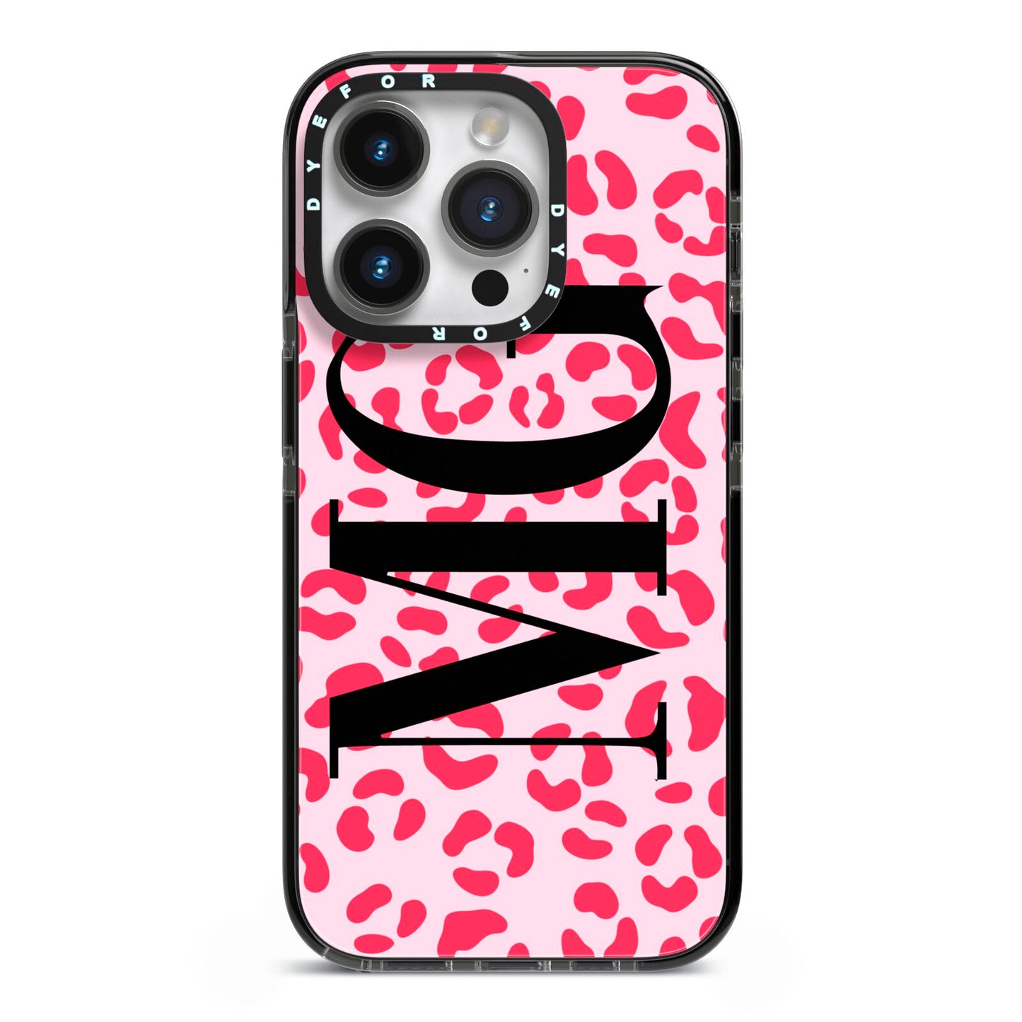 Personalised Leopard Print Initials iPhone 14 Pro Black Impact Case on Silver phone