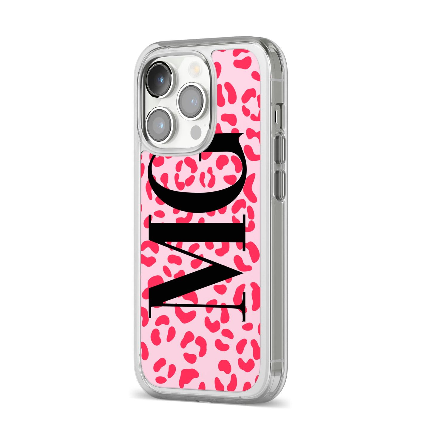Personalised Leopard Print Initials iPhone 14 Pro Clear Tough Case Silver Angled Image