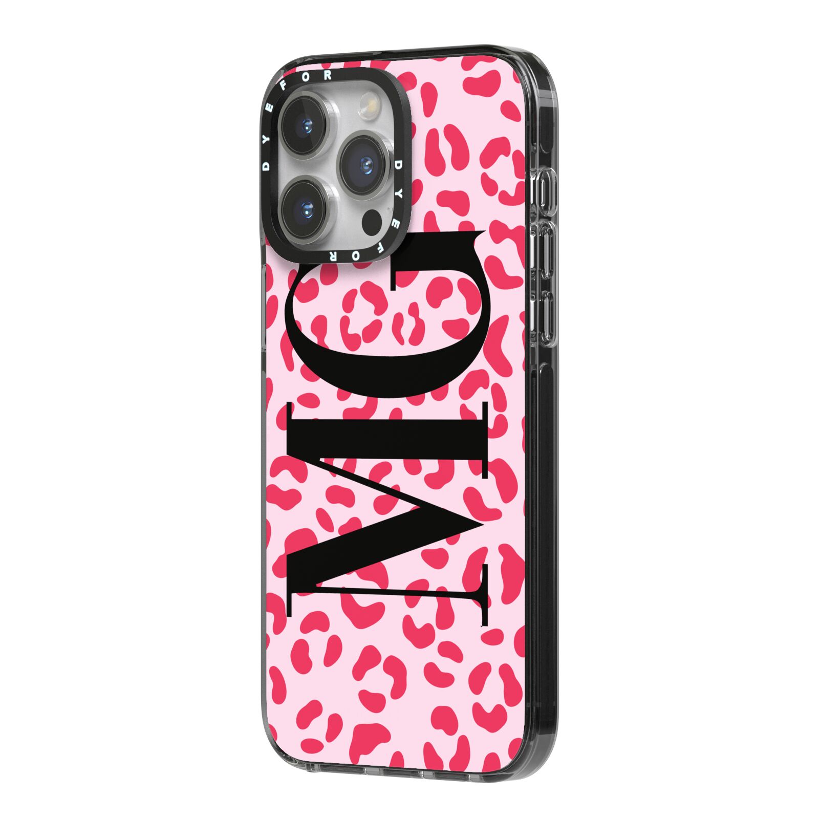 Personalised Leopard Print Initials iPhone 14 Pro Max Black Impact Case Side Angle on Silver phone