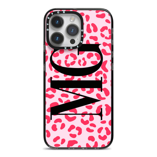 Personalised Leopard Print Initials iPhone 14 Pro Max Black Impact Case on Silver phone