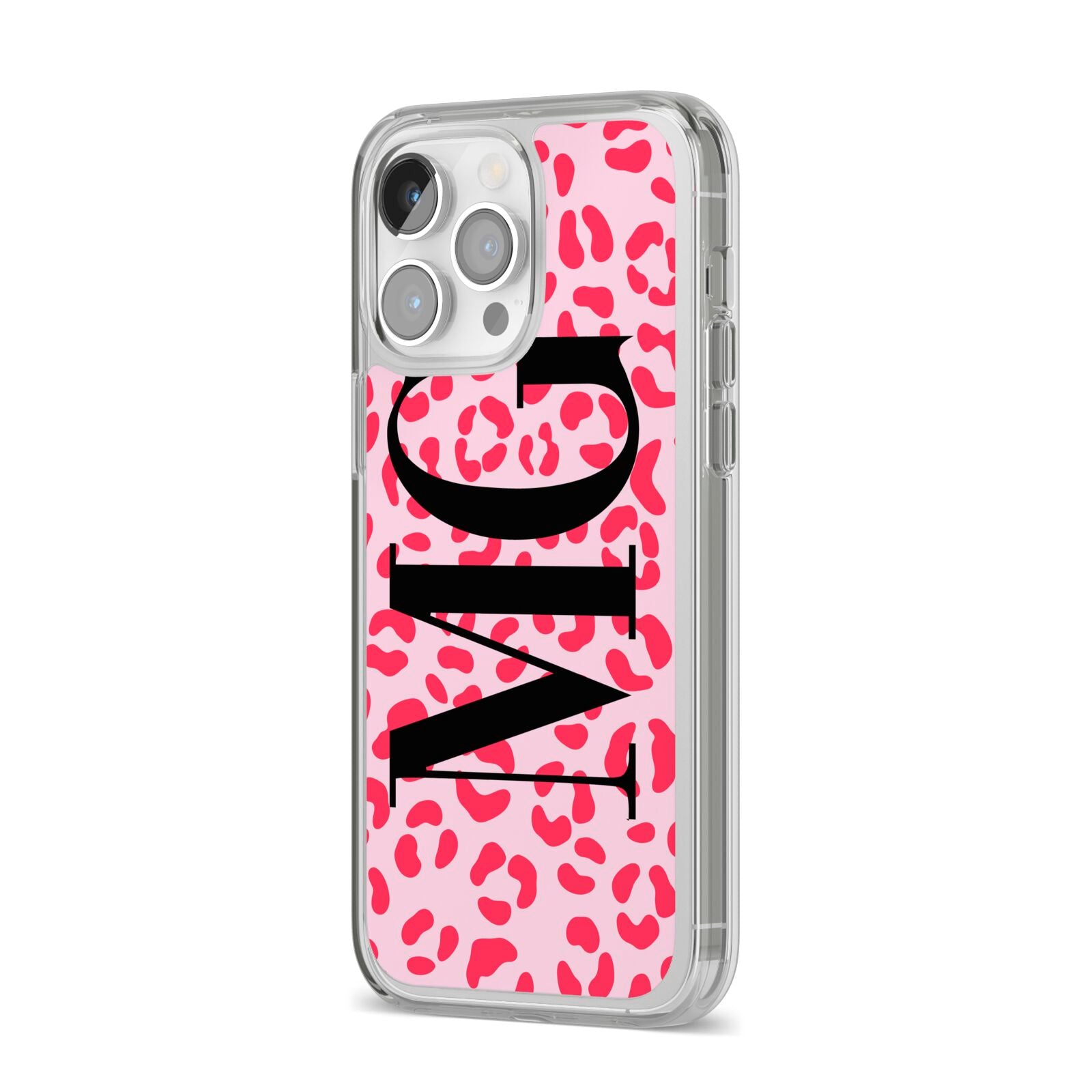 Personalised Leopard Print Initials iPhone 14 Pro Max Clear Tough Case Silver Angled Image