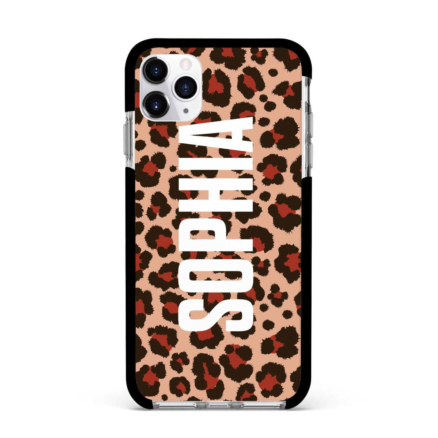 Personalised Leopard Print Name Apple iPhone 11 Pro Max in Silver with Black Impact Case