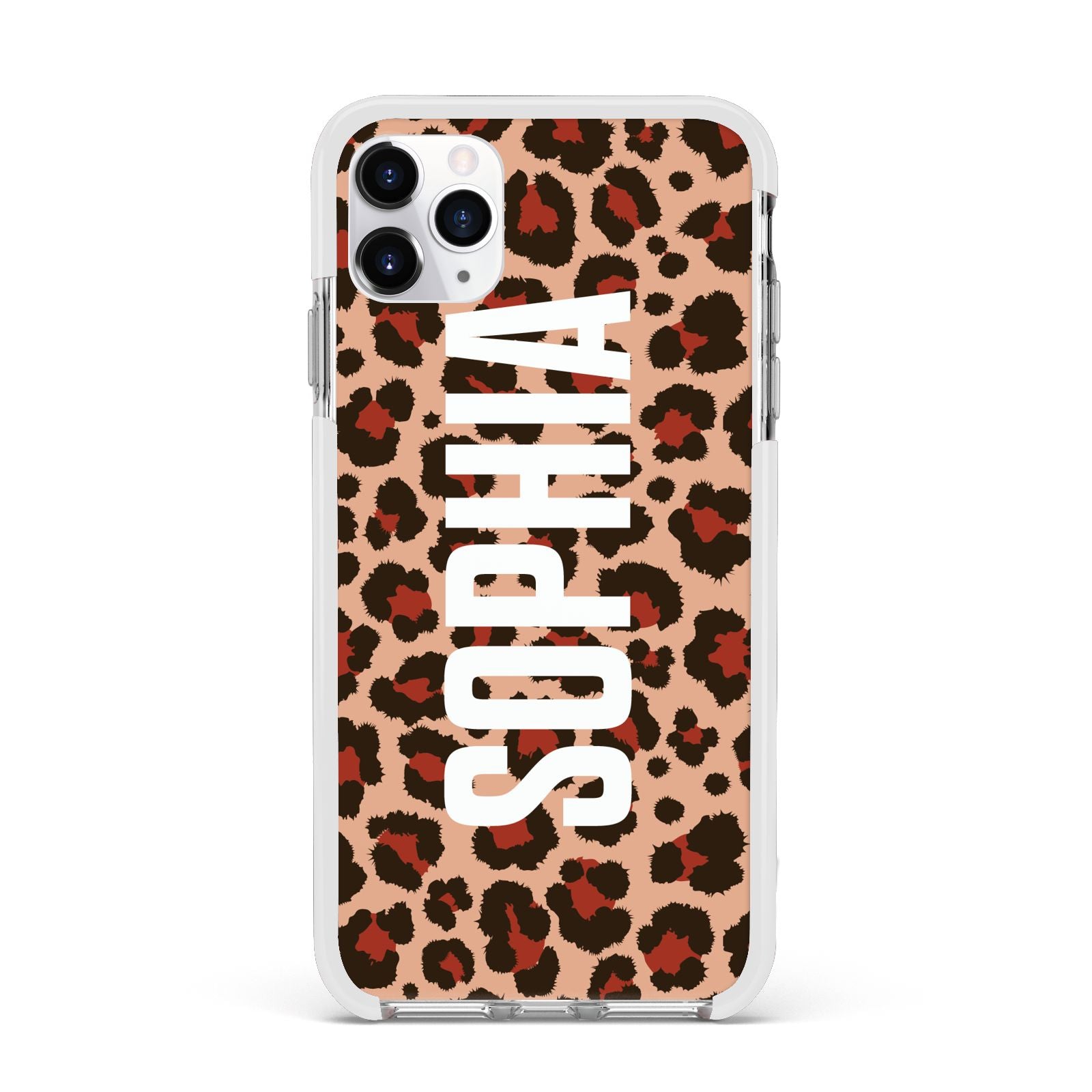 Personalised Leopard Print Name Apple iPhone 11 Pro Max in Silver with White Impact Case