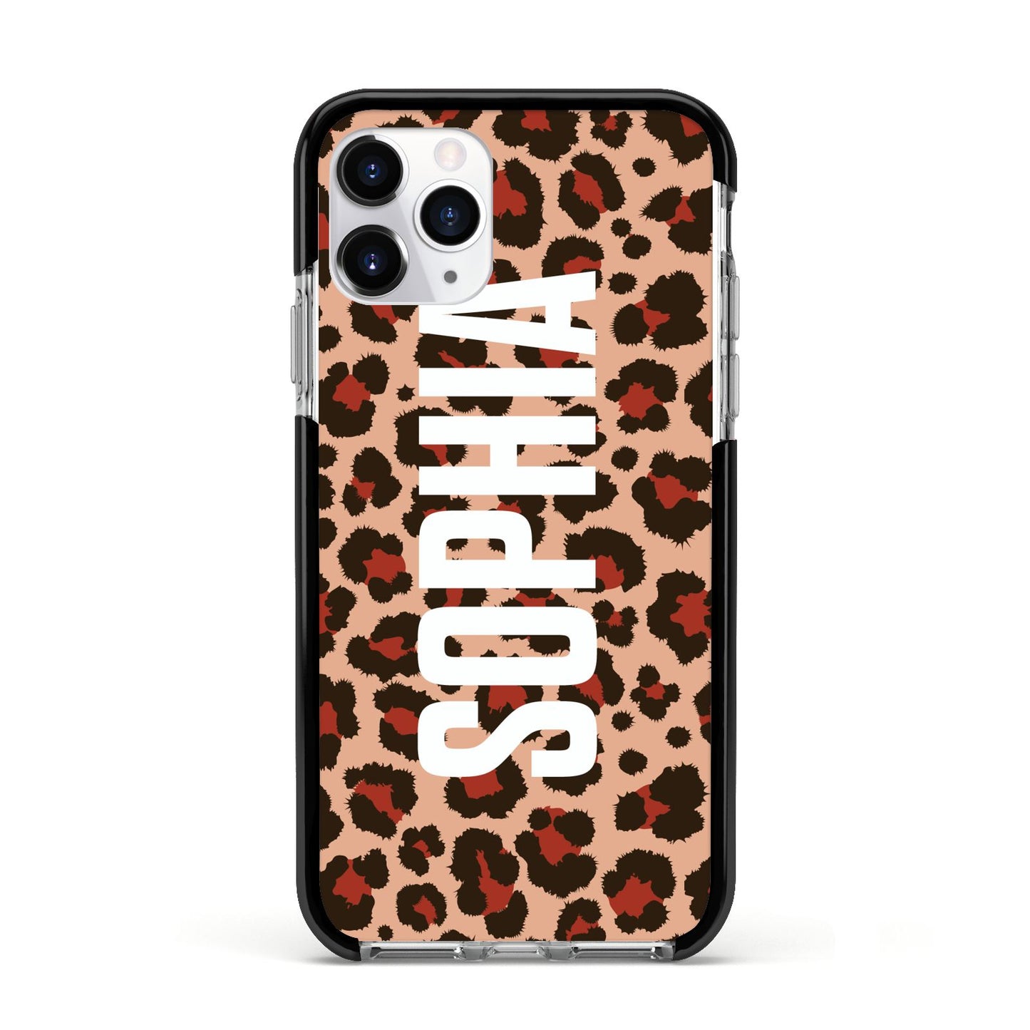 Personalised Leopard Print Name Apple iPhone 11 Pro in Silver with Black Impact Case