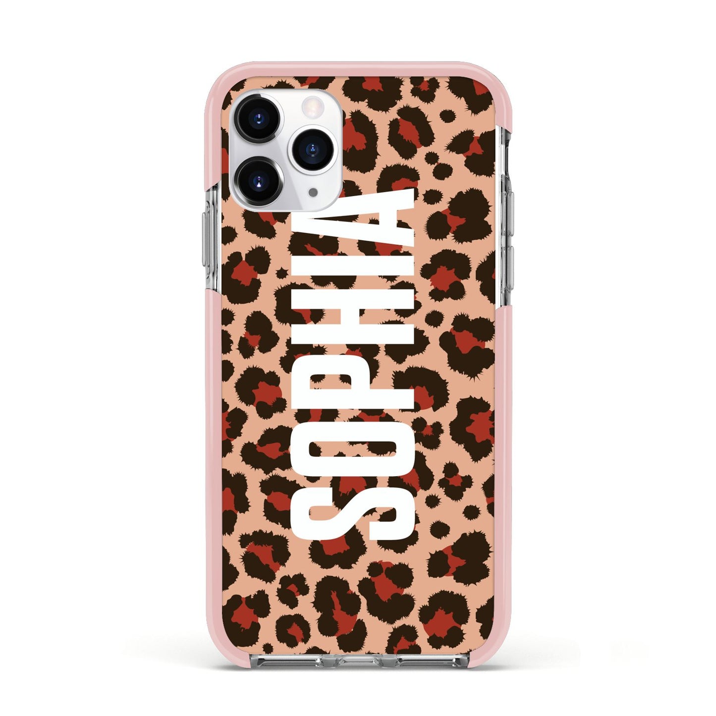 Personalised Leopard Print Name Apple iPhone 11 Pro in Silver with Pink Impact Case