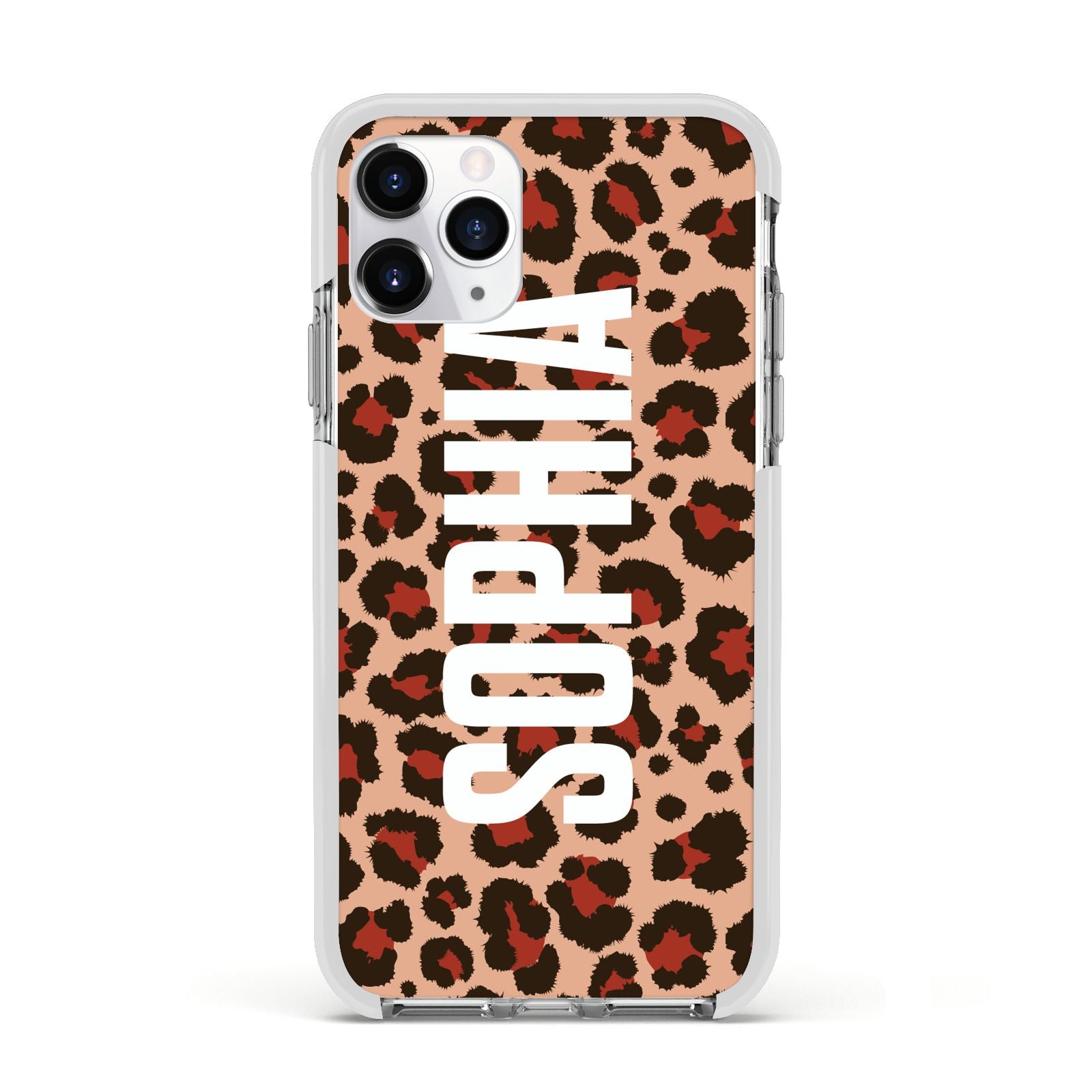 Personalised Leopard Print Name Apple iPhone 11 Pro in Silver with White Impact Case