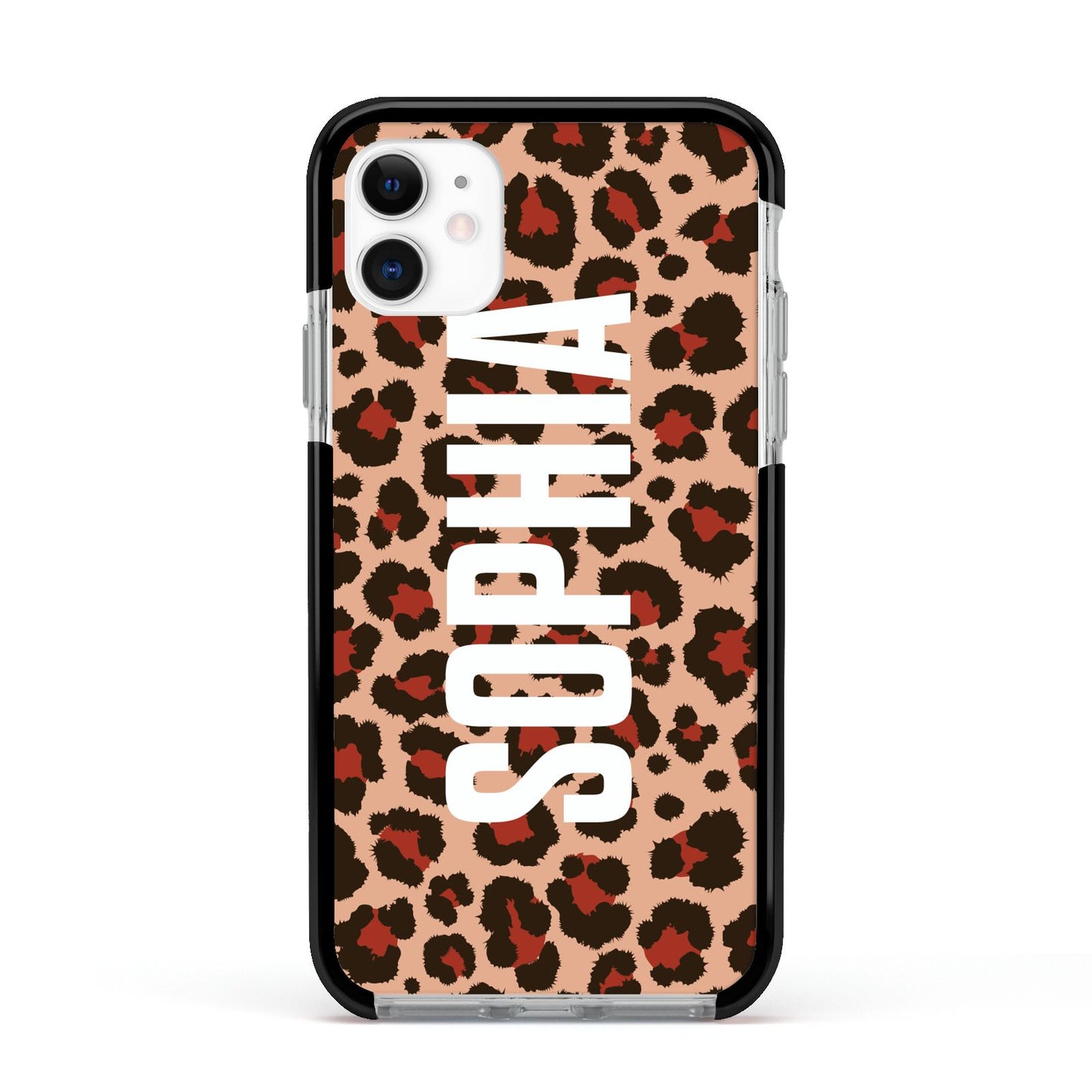 Personalised Leopard Print Name Apple iPhone 11 in White with Black Impact Case