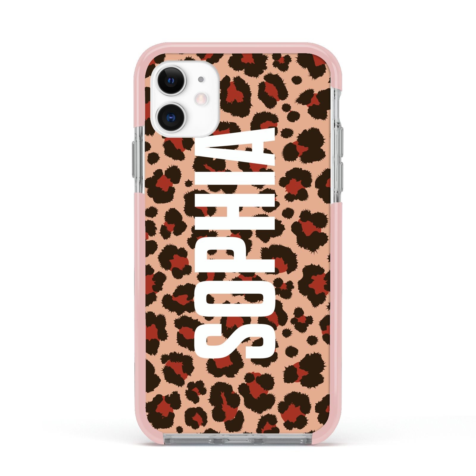 Personalised Leopard Print Name Apple iPhone 11 in White with Pink Impact Case