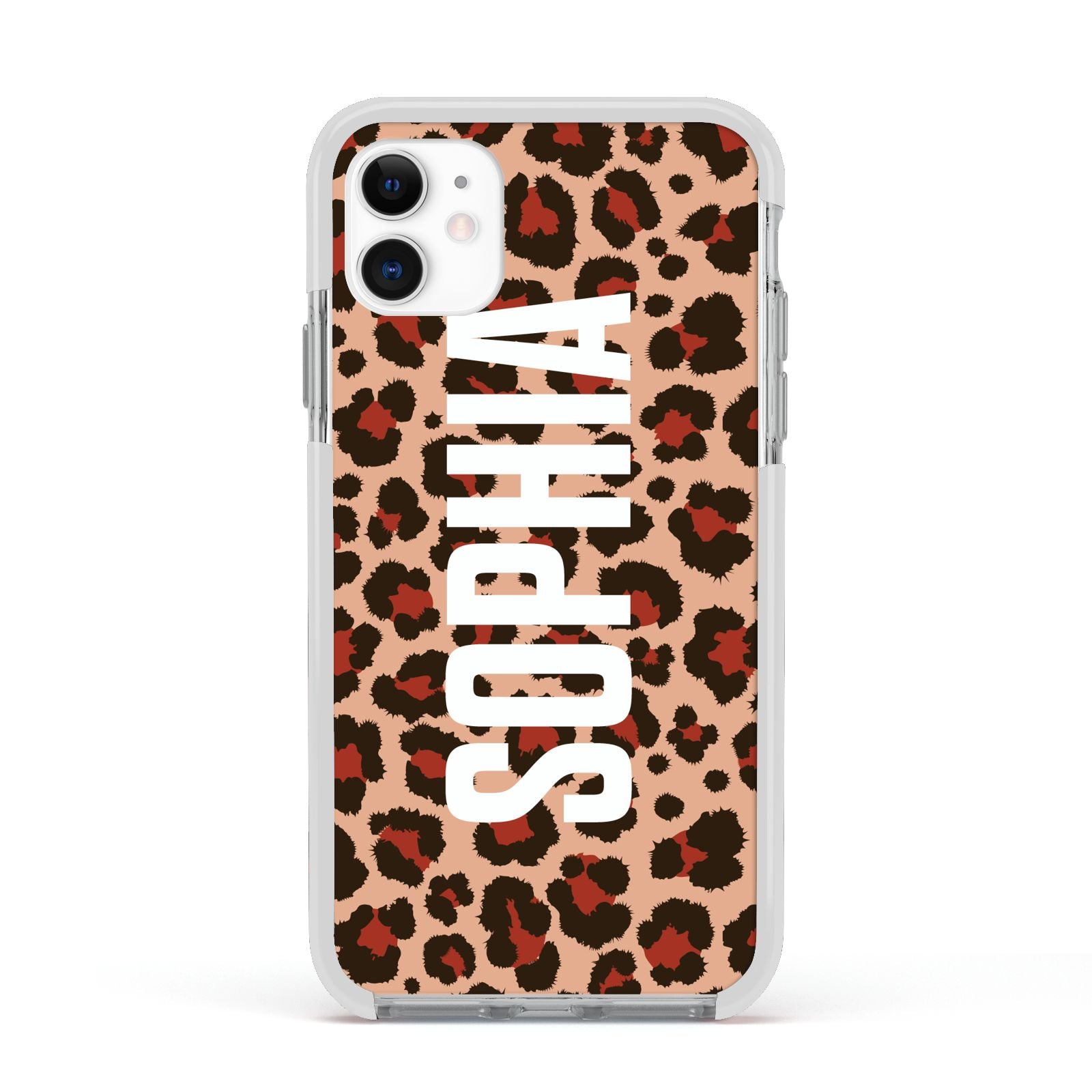 Personalised Leopard Print Name Apple iPhone 11 in White with White Impact Case