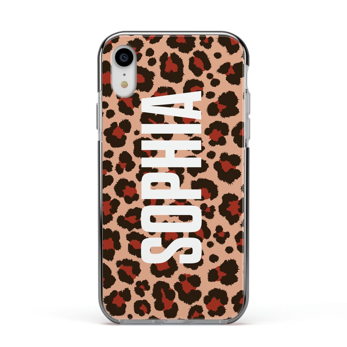 Personalised Leopard Print Name Apple iPhone XR Impact Case Black Edge on Silver Phone