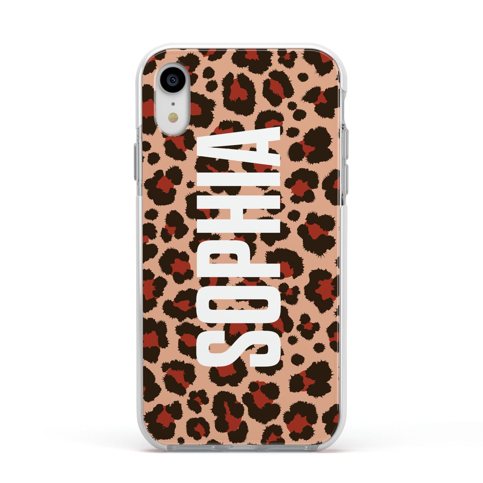 Personalised Leopard Print Name Apple iPhone XR Impact Case White Edge on Silver Phone