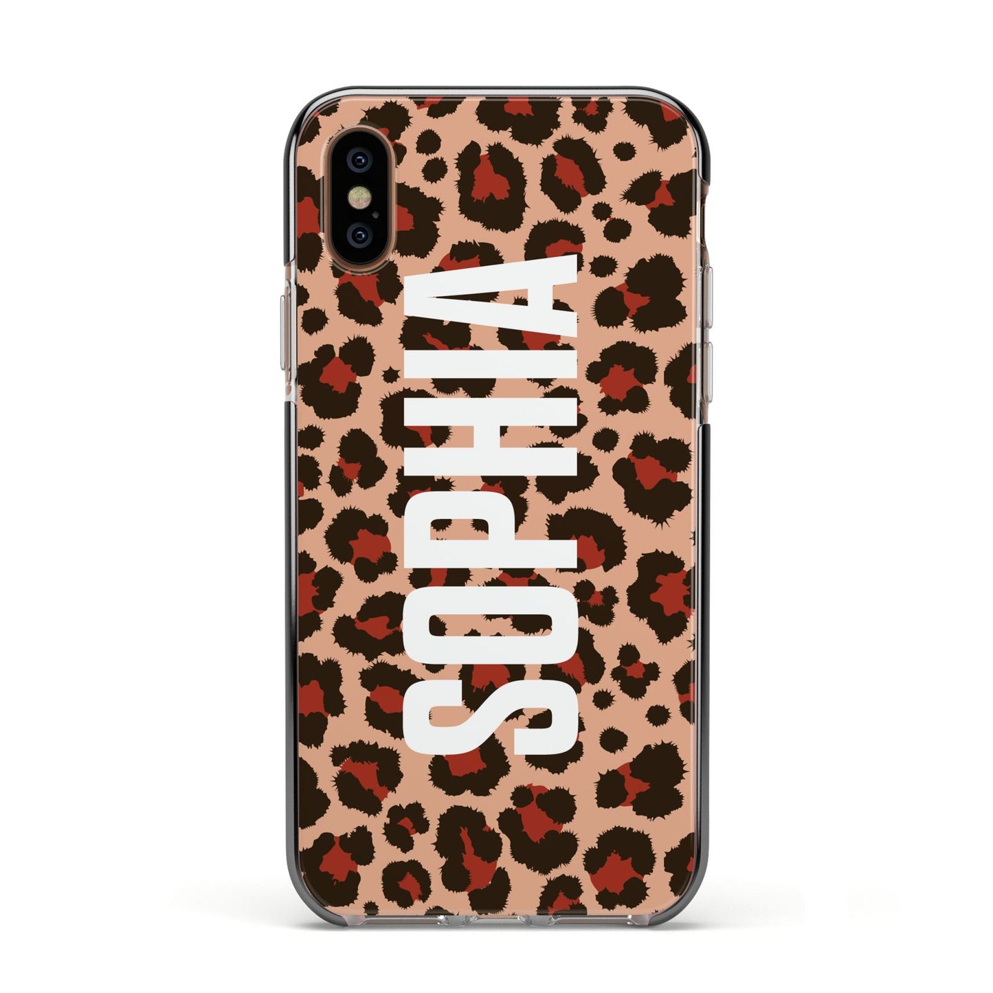 Personalised Leopard Print Name Apple iPhone Xs Impact Case Black Edge on Gold Phone