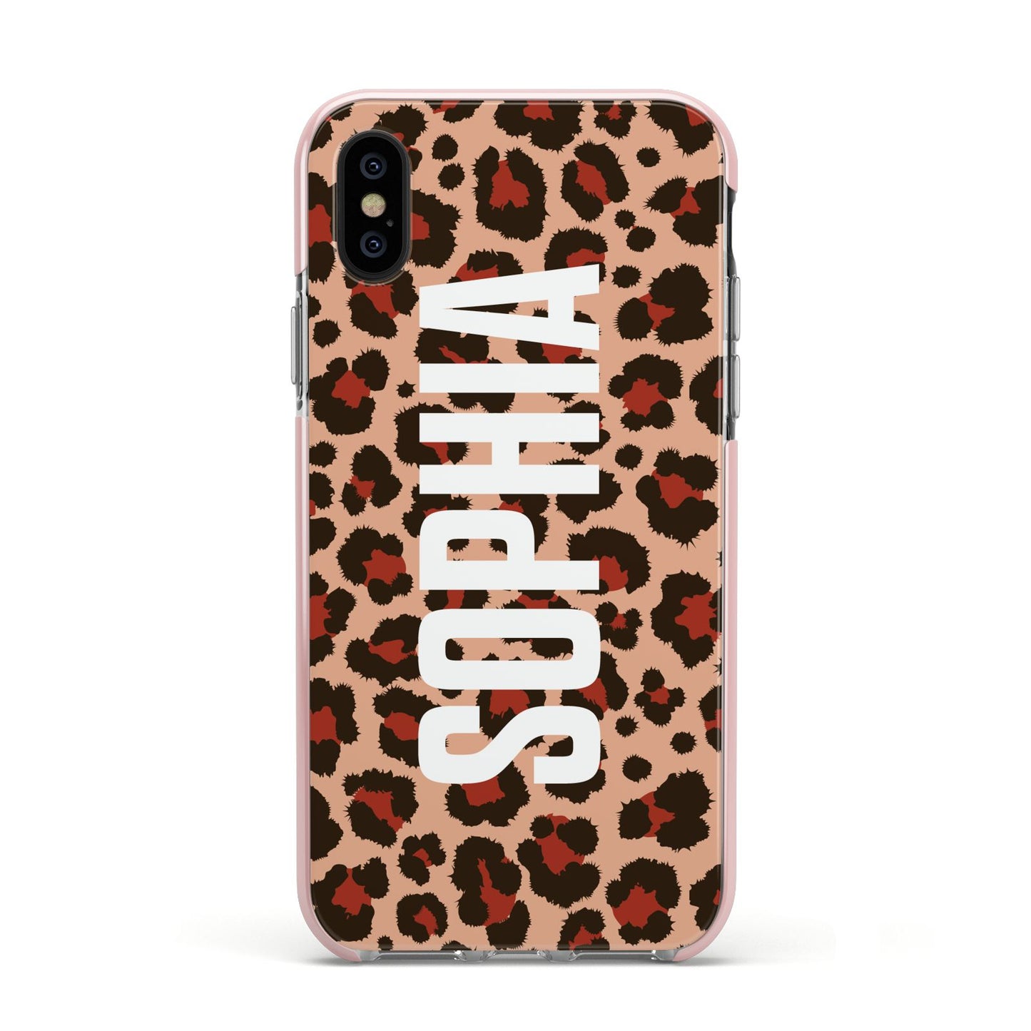 Personalised Leopard Print Name Apple iPhone Xs Impact Case Pink Edge on Black Phone