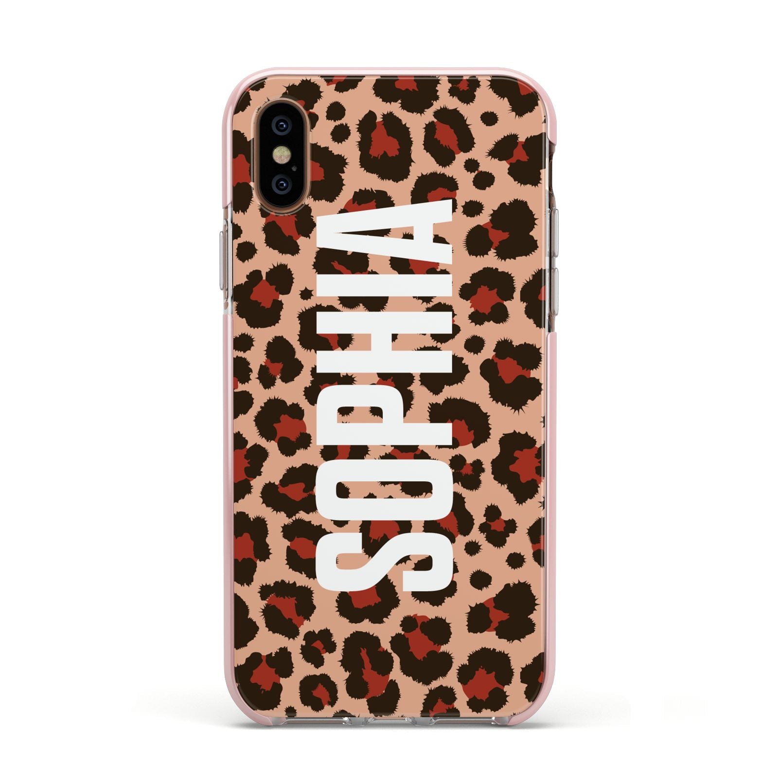 Personalised Leopard Print Name Apple iPhone Xs Impact Case Pink Edge on Gold Phone