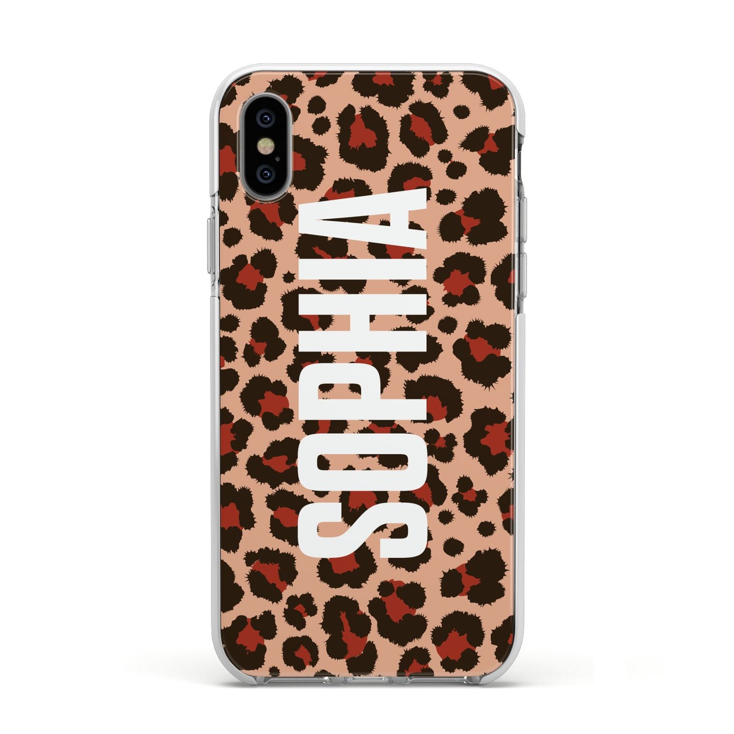 Personalised Leopard Print Name Apple iPhone Xs Impact Case White Edge on Silver Phone