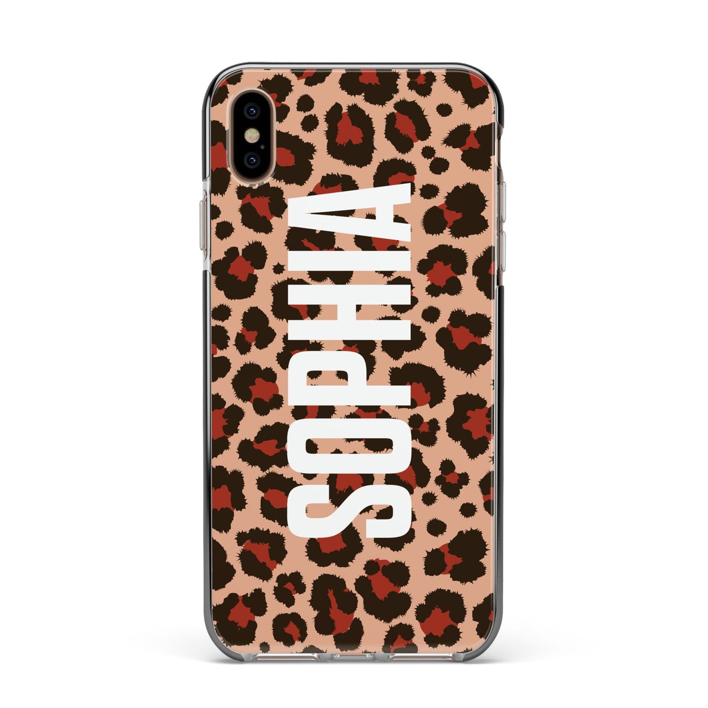 Personalised Leopard Print Name Apple iPhone Xs Max Impact Case Black Edge on Gold Phone