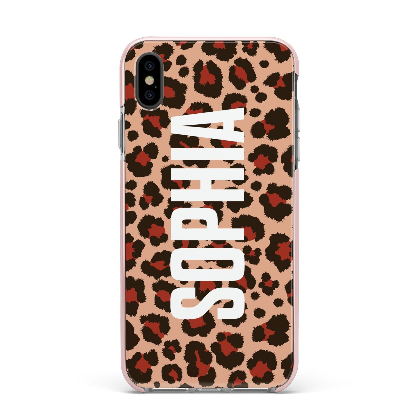Personalised Leopard Print Name Apple iPhone Xs Max Impact Case Pink Edge on Black Phone