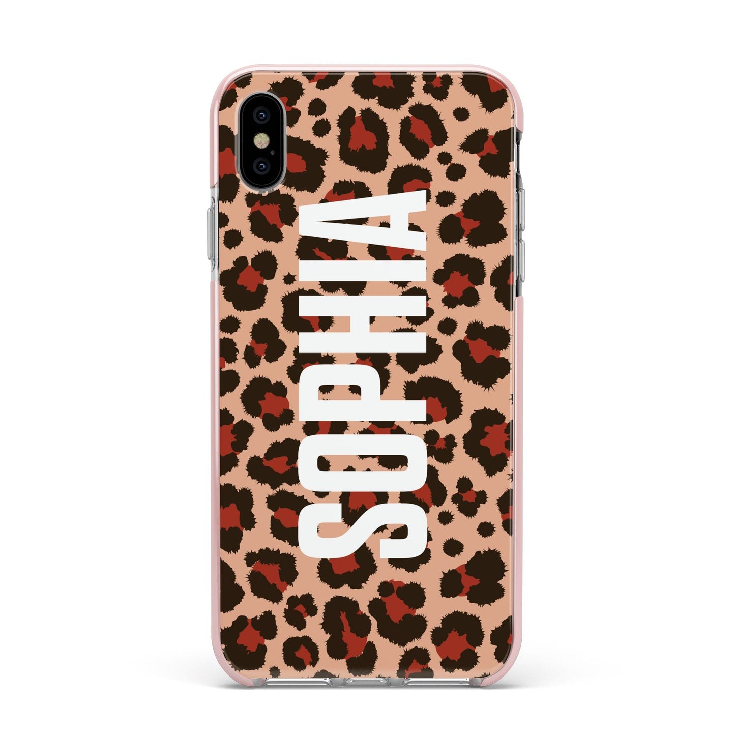 Personalised Leopard Print Name Apple iPhone Xs Max Impact Case Pink Edge on Silver Phone