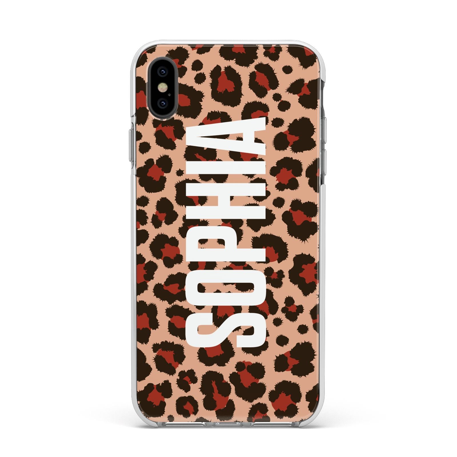 Personalised Leopard Print Name Apple iPhone Xs Max Impact Case White Edge on Black Phone