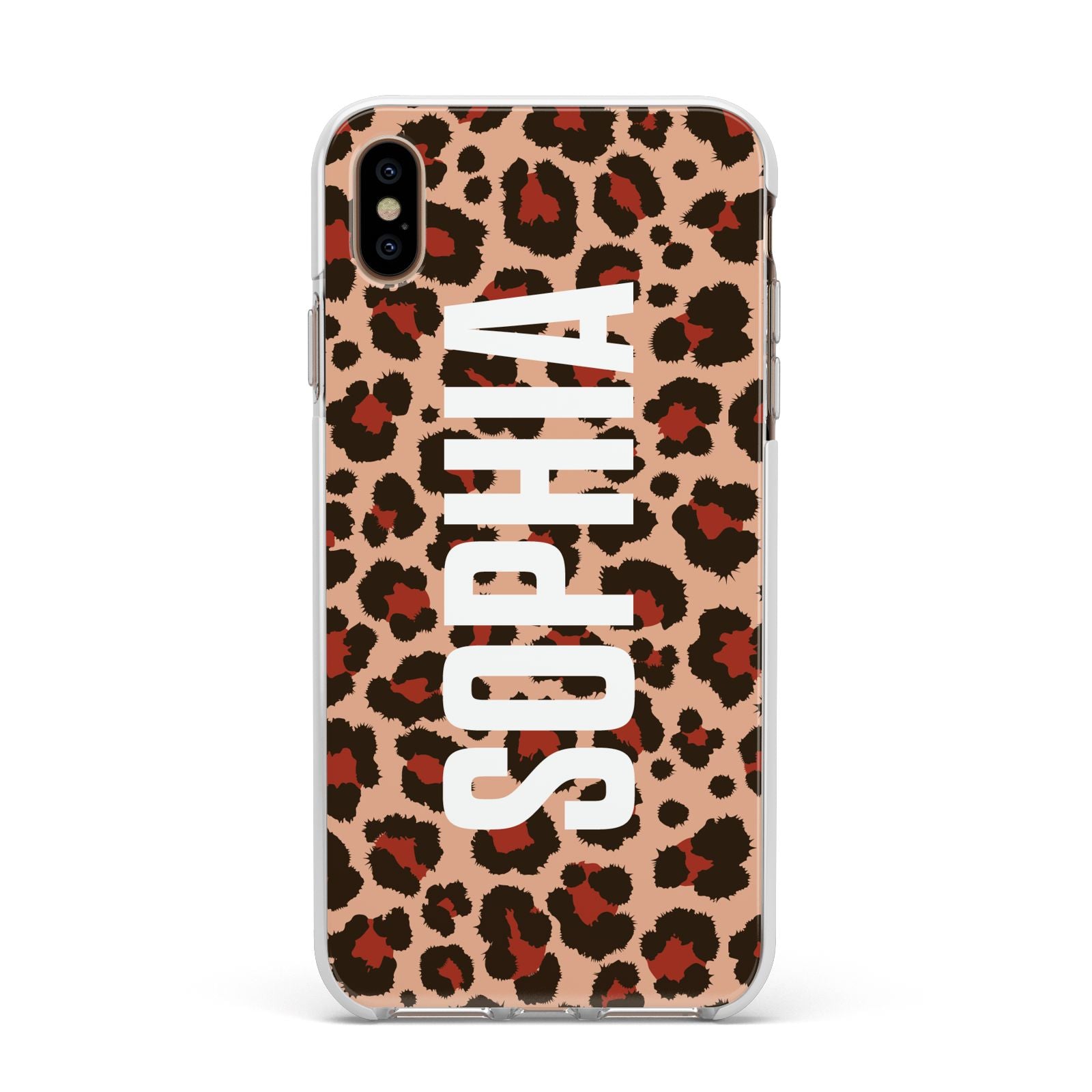 Personalised Leopard Print Name Apple iPhone Xs Max Impact Case White Edge on Gold Phone