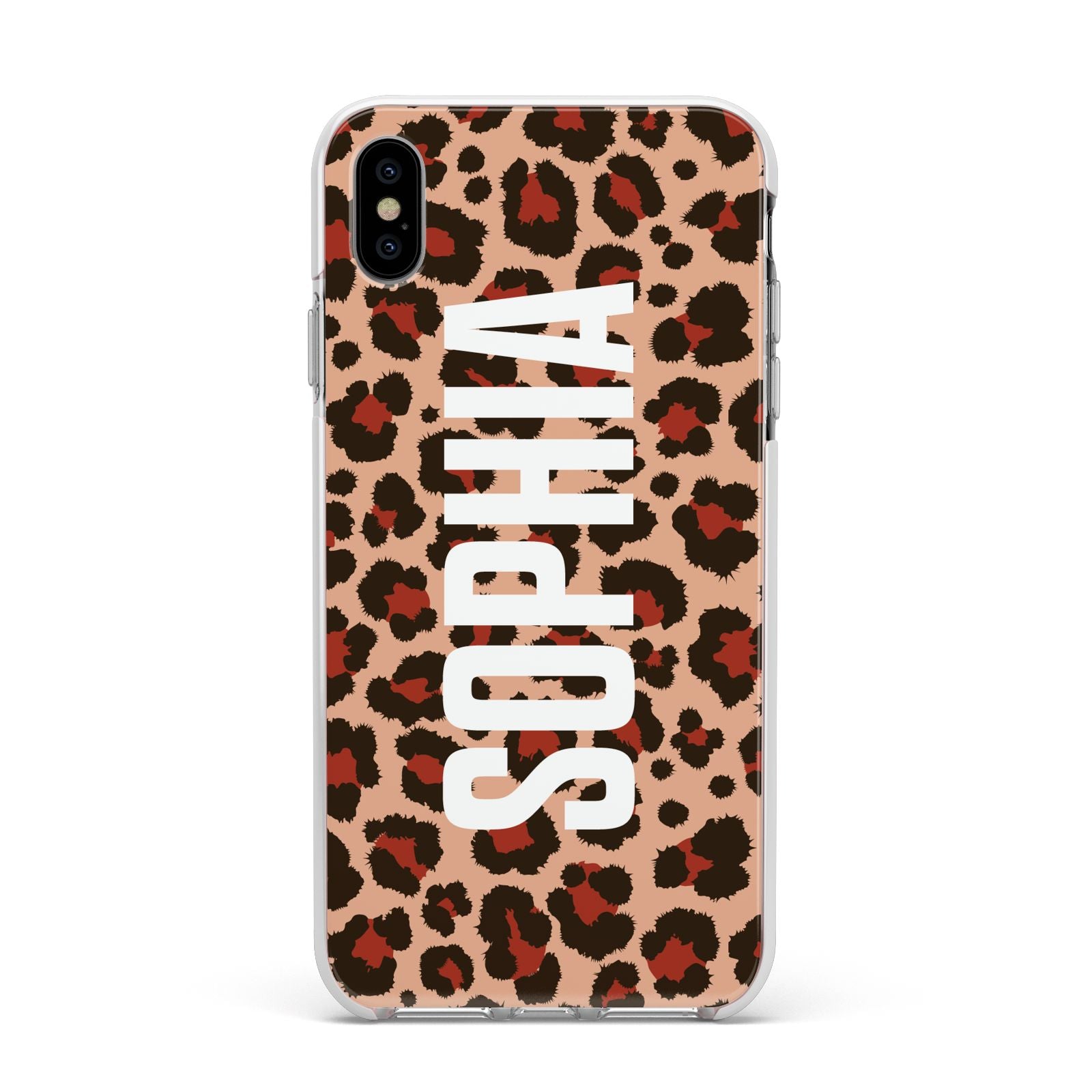 Personalised Leopard Print Name Apple iPhone Xs Max Impact Case White Edge on Silver Phone