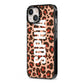 Personalised Leopard Print Name iPhone 13 Black Impact Case Side Angle on Silver phone