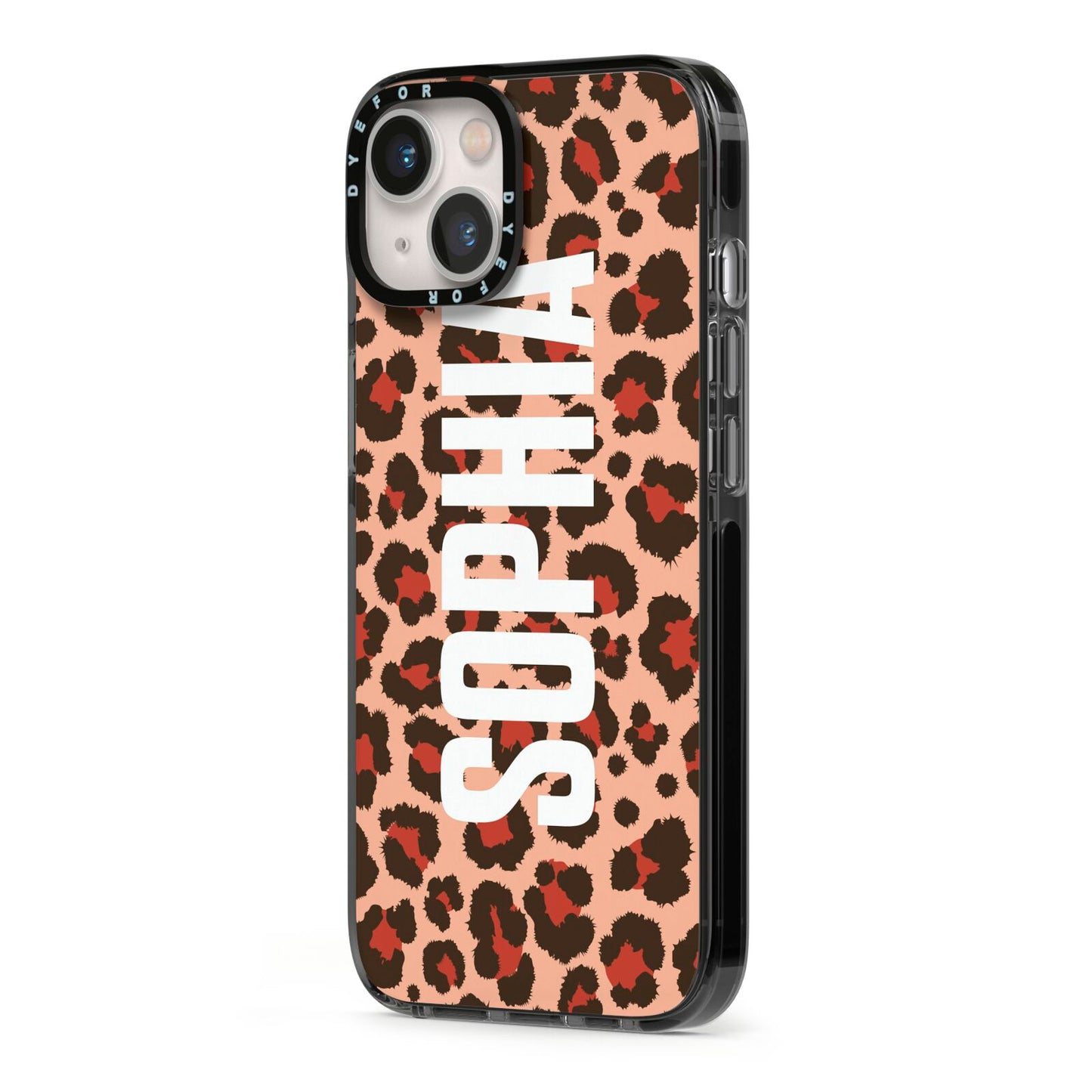 Personalised Leopard Print Name iPhone 13 Black Impact Case Side Angle on Silver phone