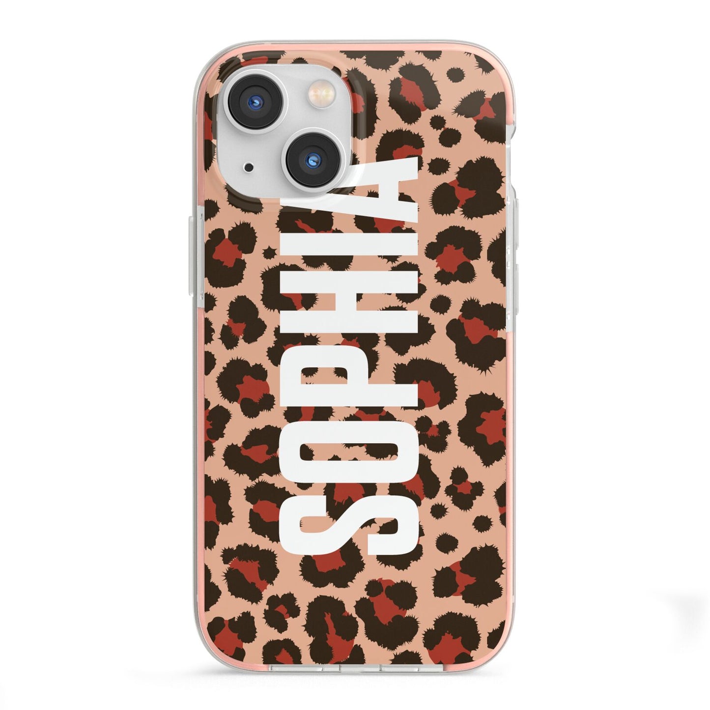 Personalised Leopard Print Name iPhone 13 Mini TPU Impact Case with Pink Edges