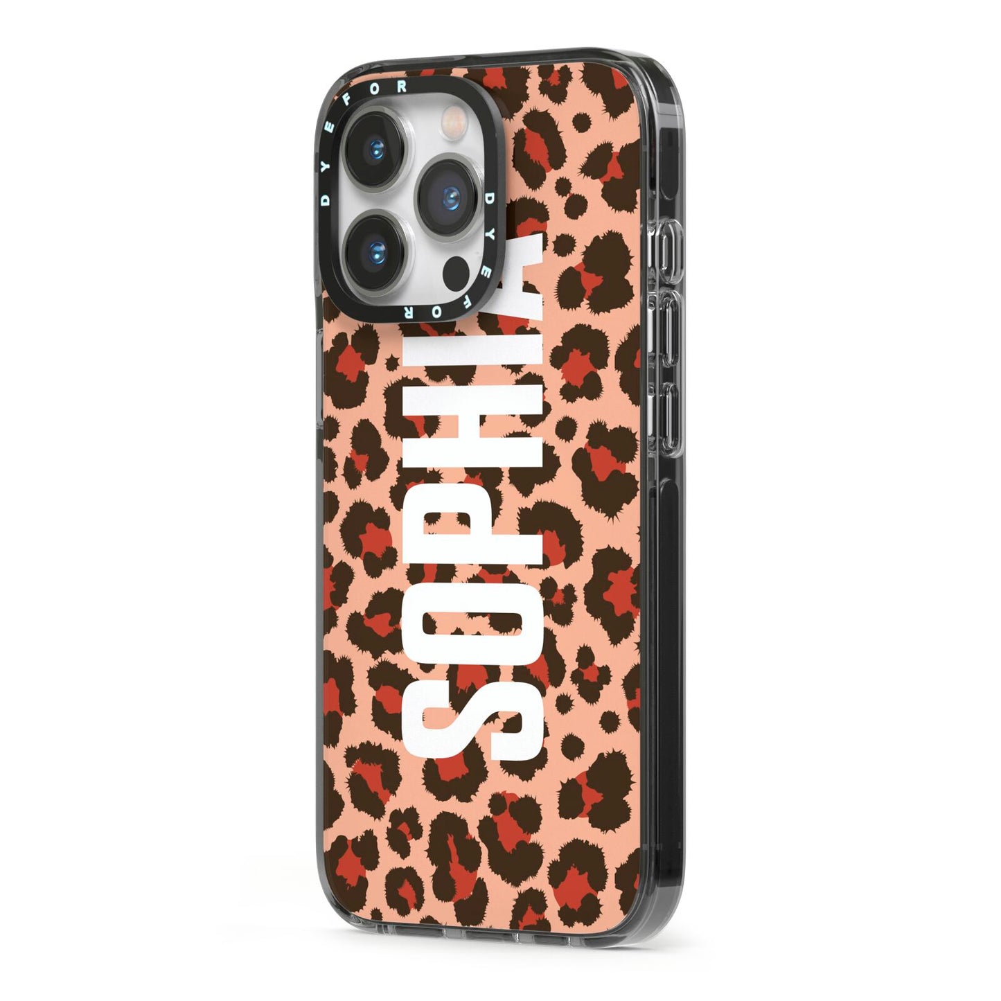 Personalised Leopard Print Name iPhone 13 Pro Black Impact Case Side Angle on Silver phone