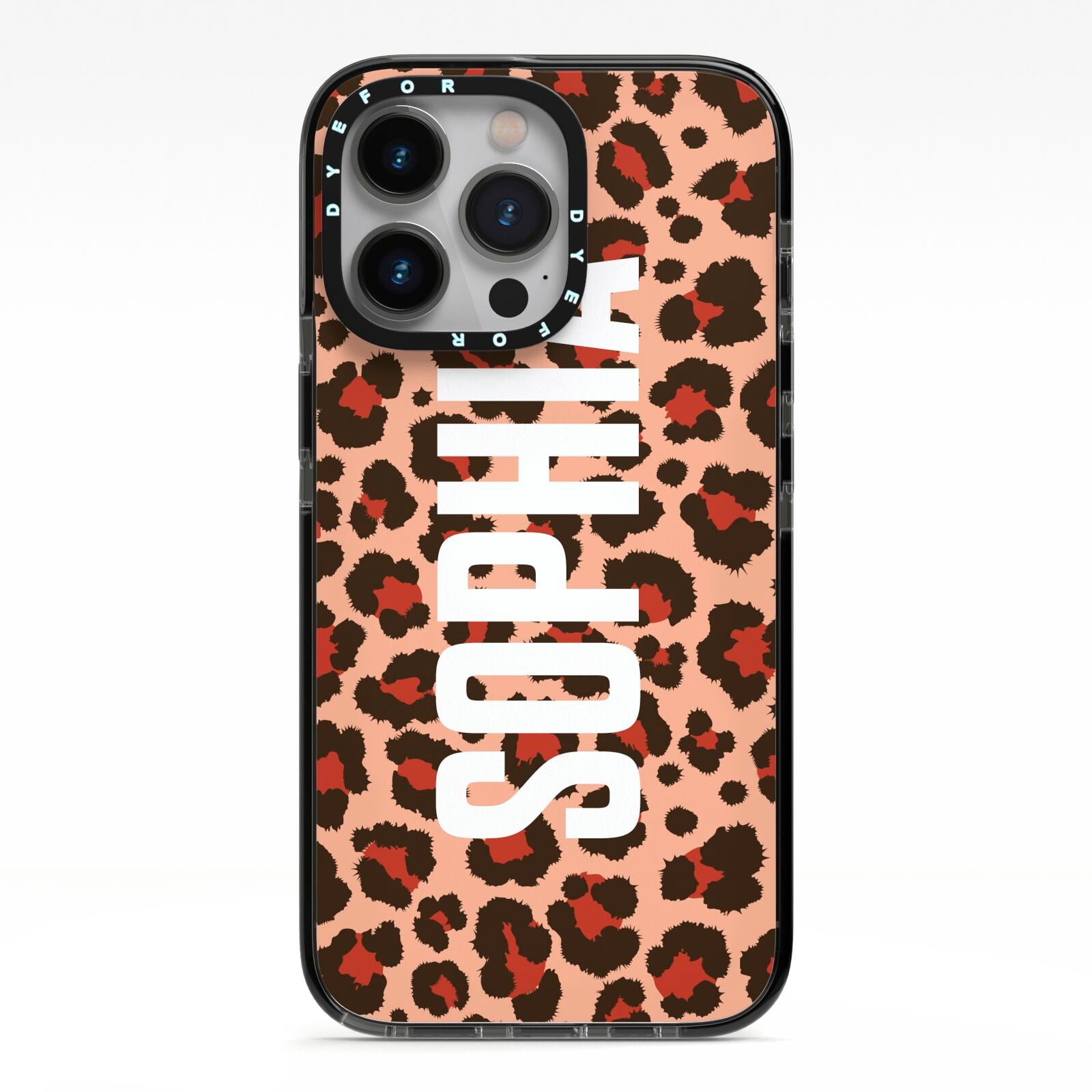 Personalised Leopard Print Name iPhone 13 Pro Black Impact Case on Silver phone
