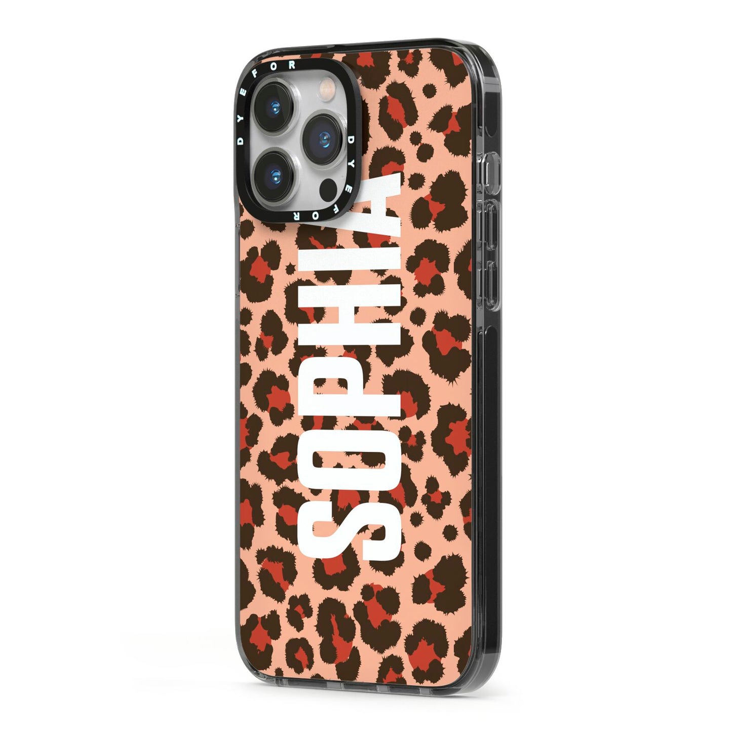 Personalised Leopard Print Name iPhone 13 Pro Max Black Impact Case Side Angle on Silver phone