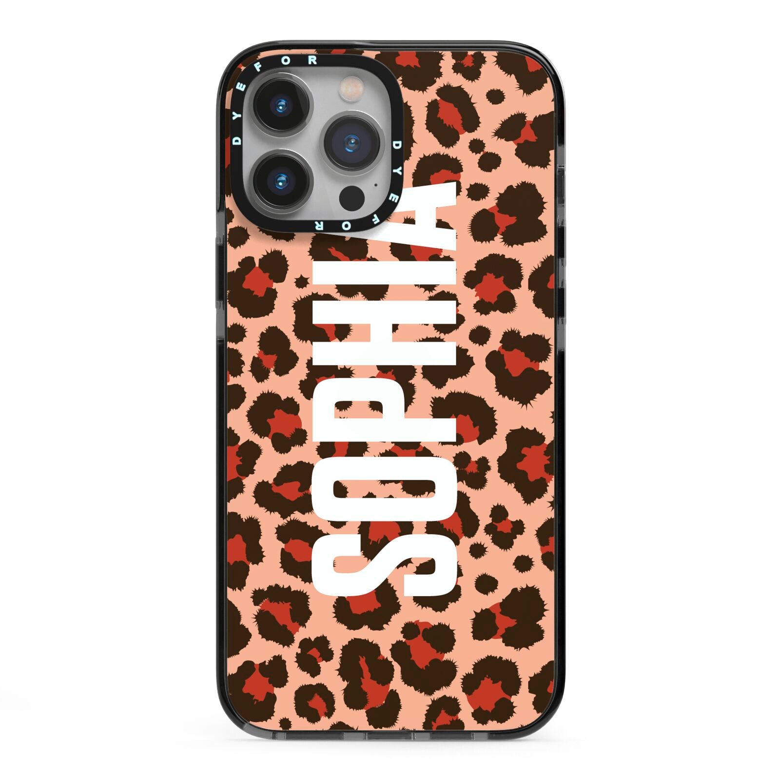 Personalised Leopard Print Name iPhone 13 Pro Max Black Impact Case on Silver phone