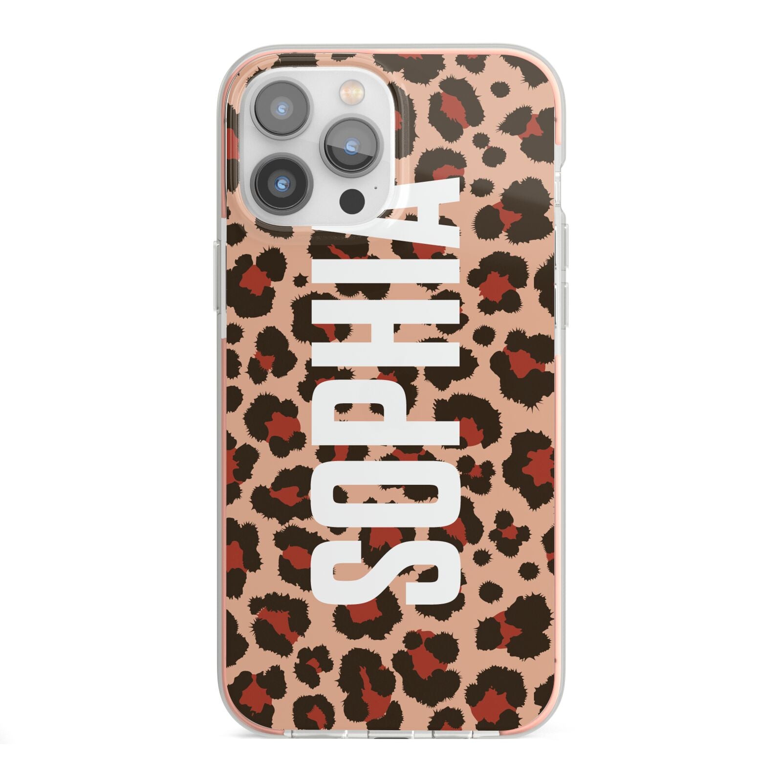 Personalised Leopard Print Name iPhone 13 Pro Max TPU Impact Case with Pink Edges