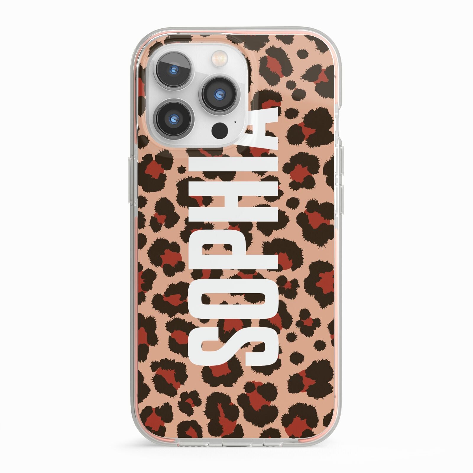 Personalised Leopard Print Name iPhone 13 Pro TPU Impact Case with Pink Edges