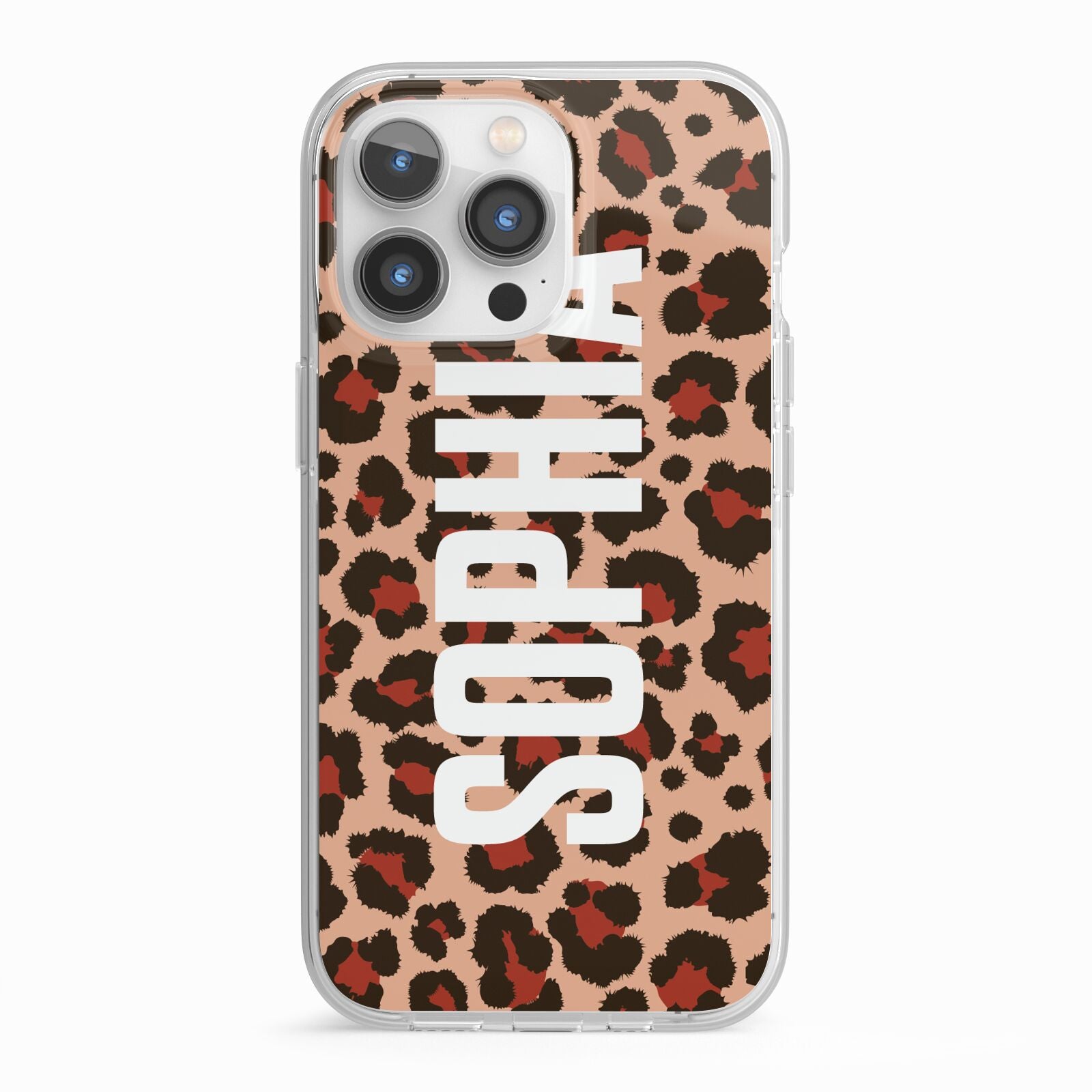 Personalised Leopard Print Name iPhone 13 Pro TPU Impact Case with White Edges