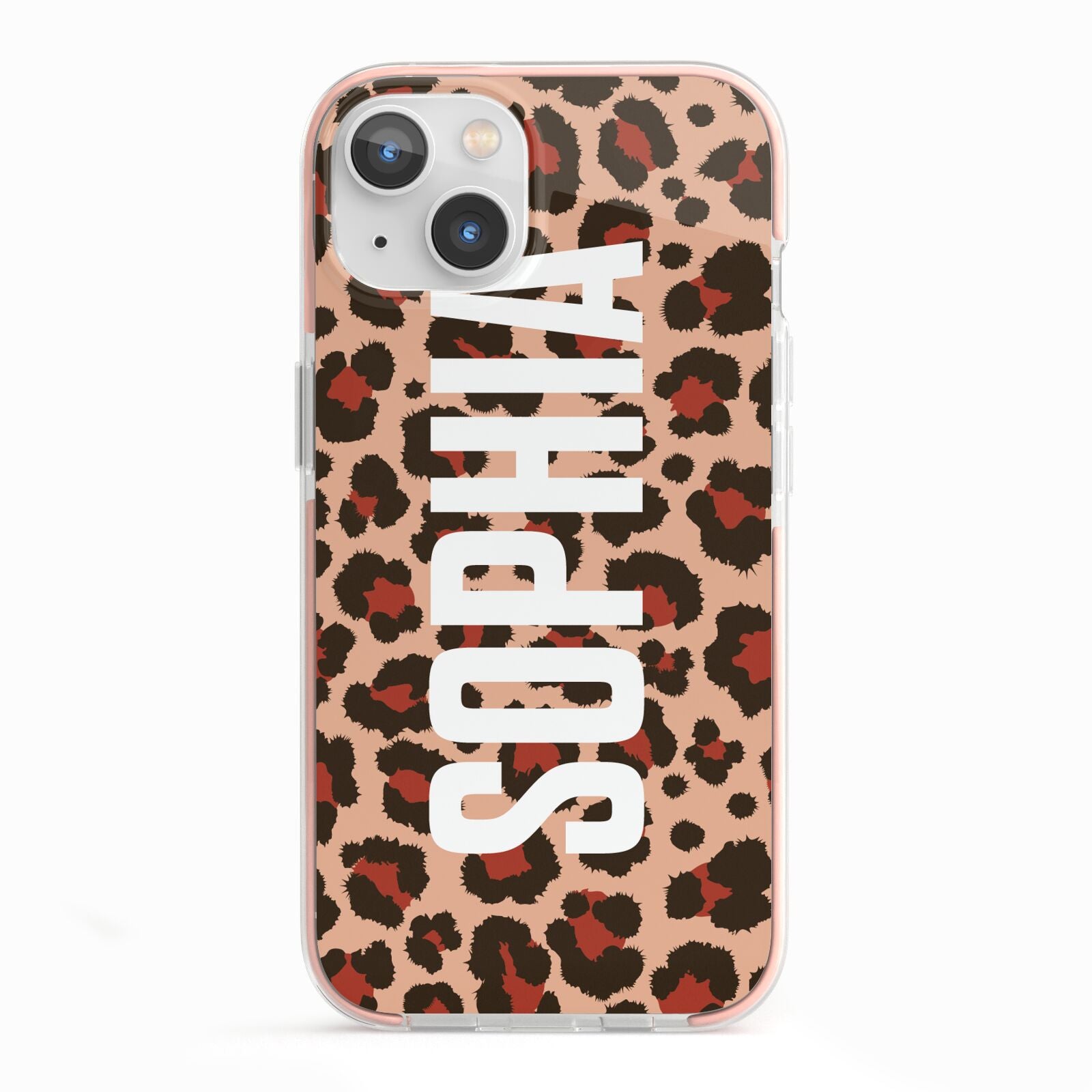 Personalised Leopard Print Name iPhone 13 TPU Impact Case with Pink Edges