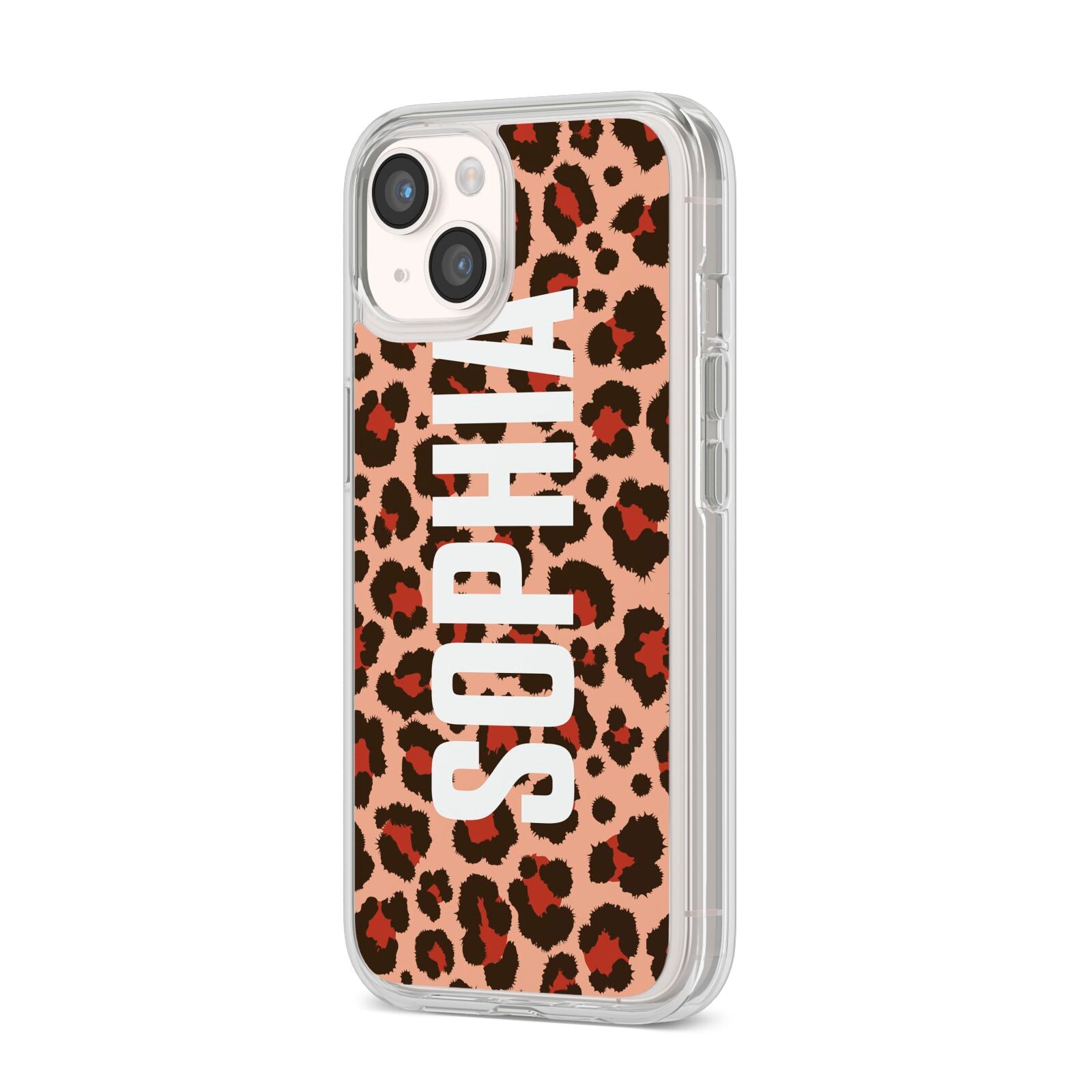 Personalised Leopard Print Name iPhone 14 Clear Tough Case Starlight Angled Image
