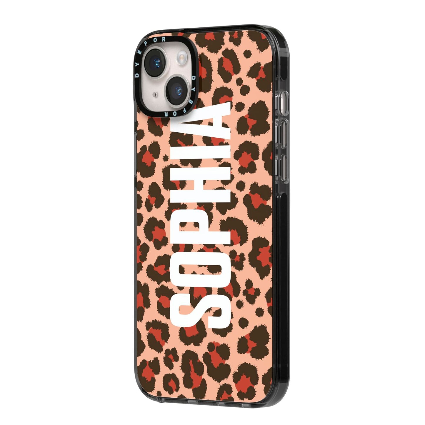 Personalised Leopard Print Name iPhone 14 Plus Black Impact Case Side Angle on Silver phone