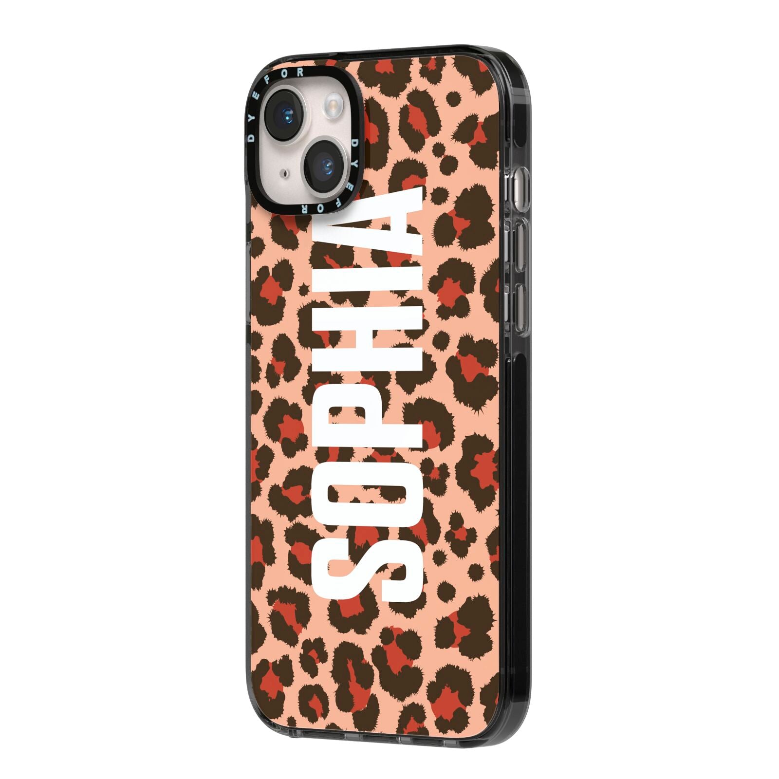 Personalised Leopard Print Name iPhone 14 Plus Black Impact Case Side Angle on Silver phone