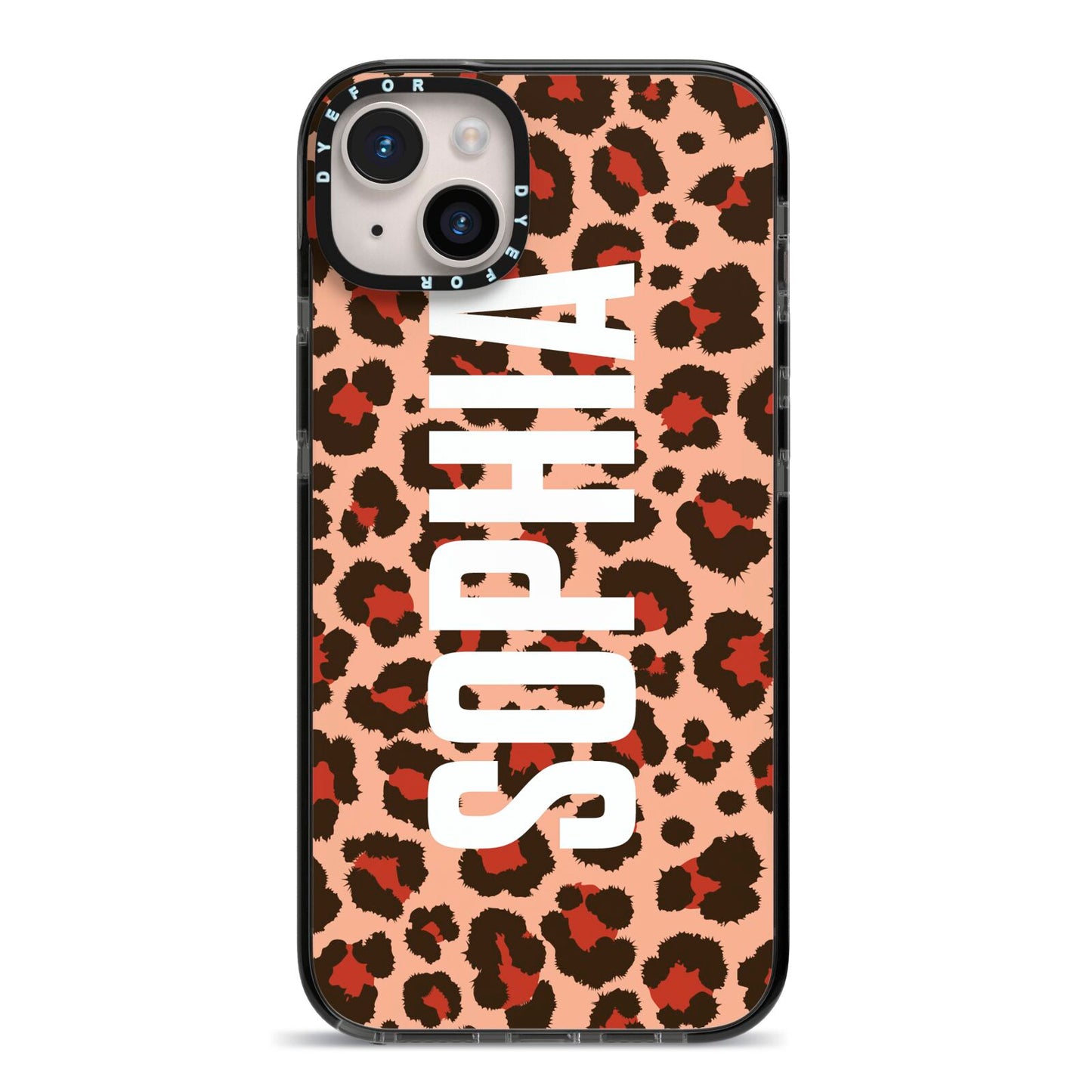 Personalised Leopard Print Name iPhone 14 Plus Black Impact Case on Silver phone