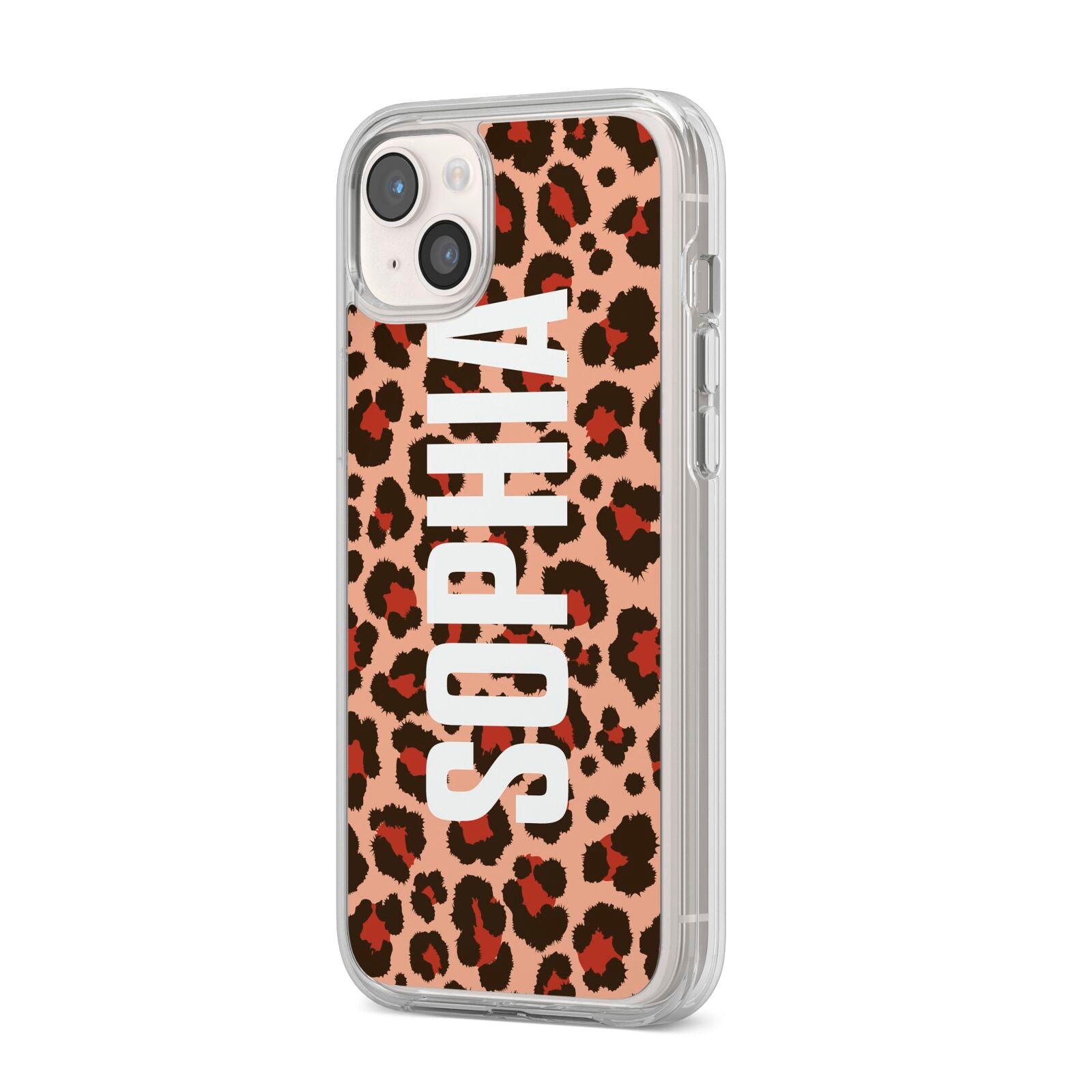 Personalised Leopard Print Name iPhone 14 Plus Clear Tough Case Starlight Angled Image