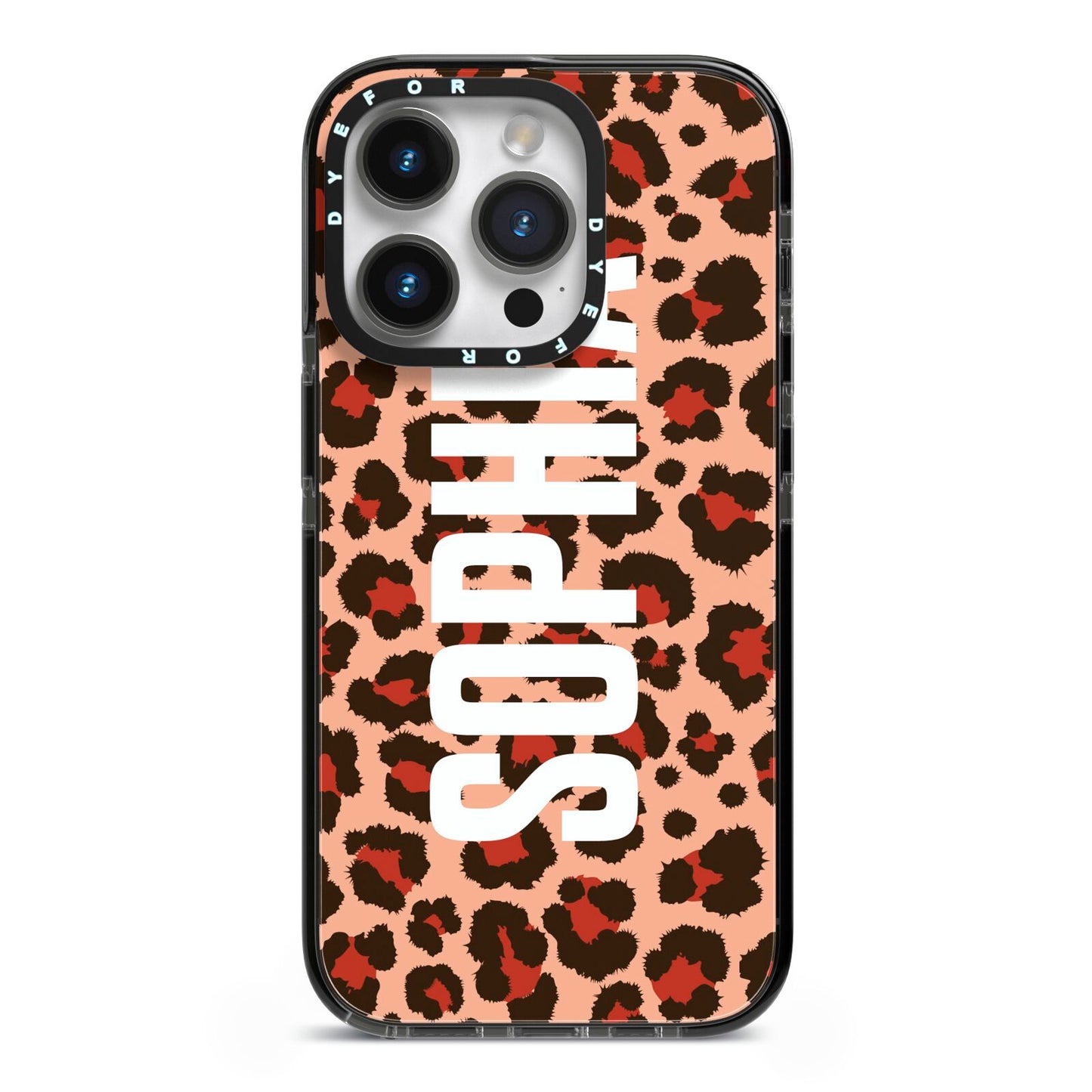 Personalised Leopard Print Name iPhone 14 Pro Black Impact Case on Silver phone